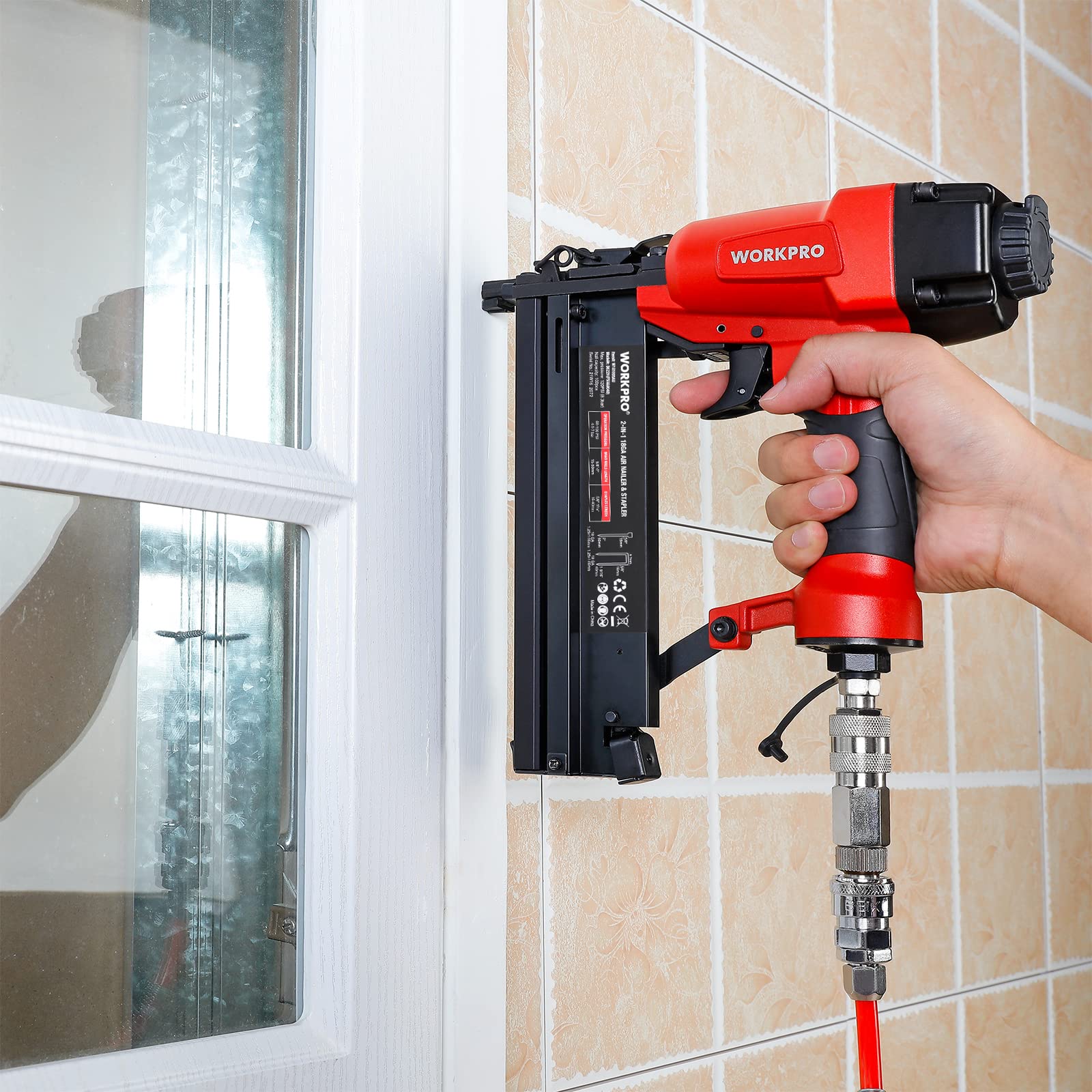 WORKPRO Chiodatrice Pneumatica 2 in 1, 18GA 9040/F50 Sparachiodi Aria Compressa max 7,1 bar con 400 Chiodi e 300 Graffette, Adatto per la fabbricazione di mobili, decorazione d'interni ecc