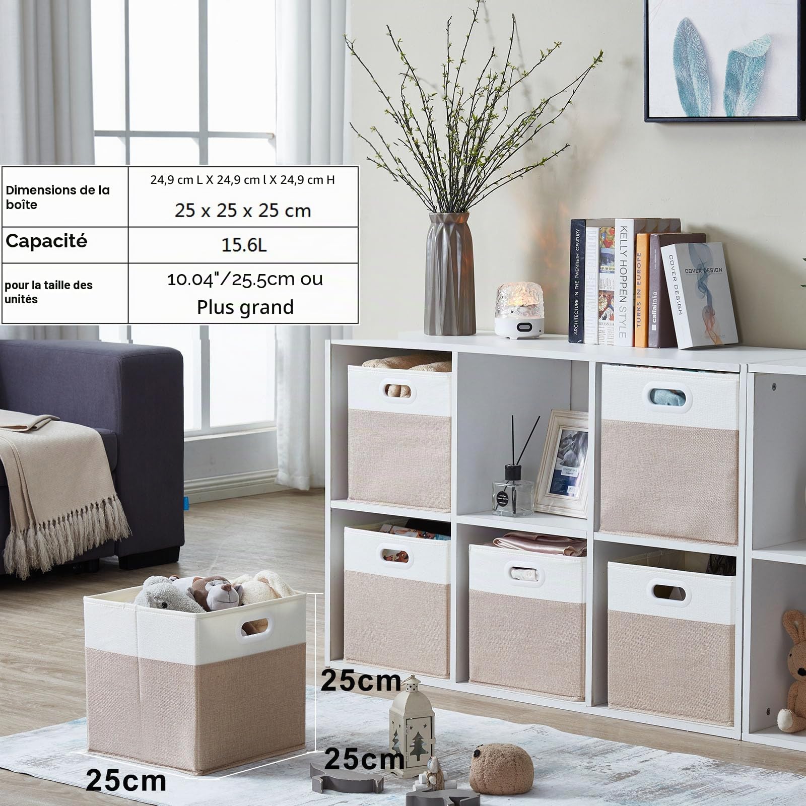 Mangata Cube de Rangement en Tissu Pliable 25 x 25 x 25 cm, Blanc Kaki Clair, 4 Pièces