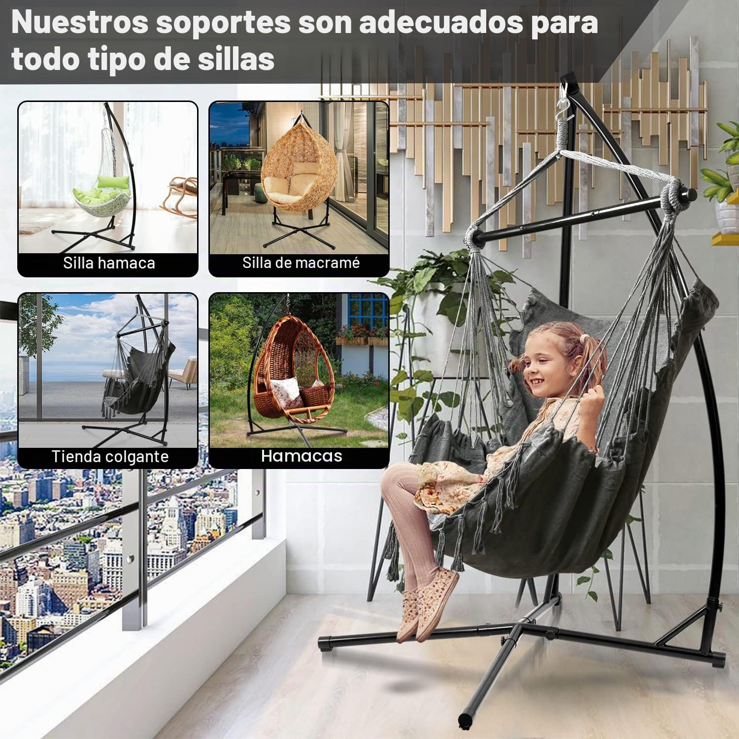 Sonnewelt Hamaca colgante de 150 kg, estructura metálica estable, soporte tubo acero 215 cm interior-exterior