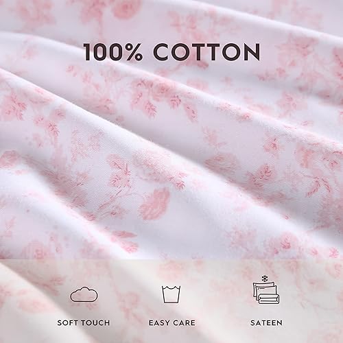Miniatura 9 de Laura Ashley Home Juego de ropa de cama tamaño King de satén de algodón suave, elegante y transpirable, rosa Bella