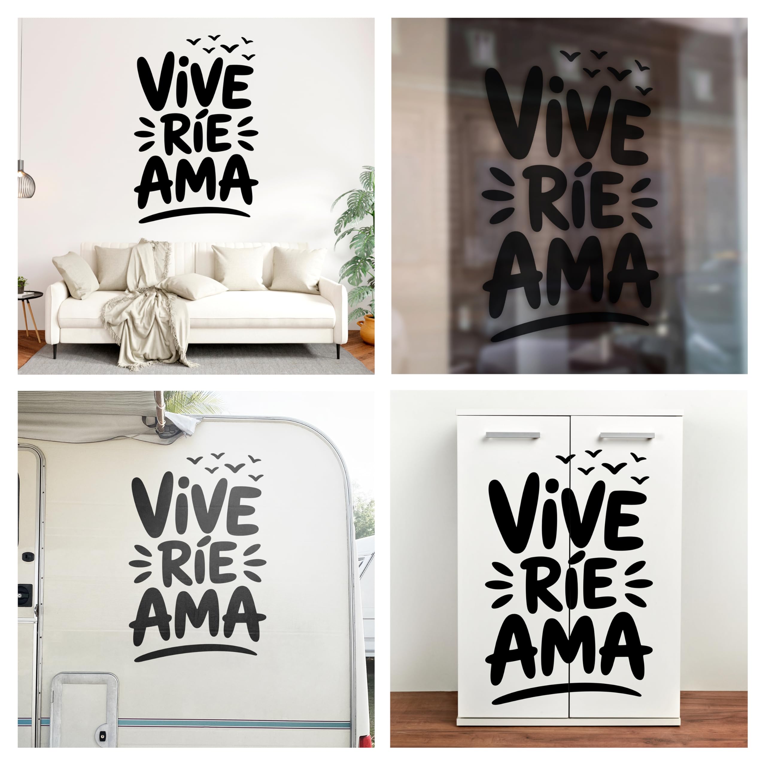 Vinilo Decorativo con Frase Positiva "Vive Ríe Ama" Pegatina Adhesiva para Decorar Hogar, Salón o Dormitorio, Adhesivo de Pared con Mensaje de Amor, Alegría y Estilo Moderno (Negro, 160 x 106 cm)