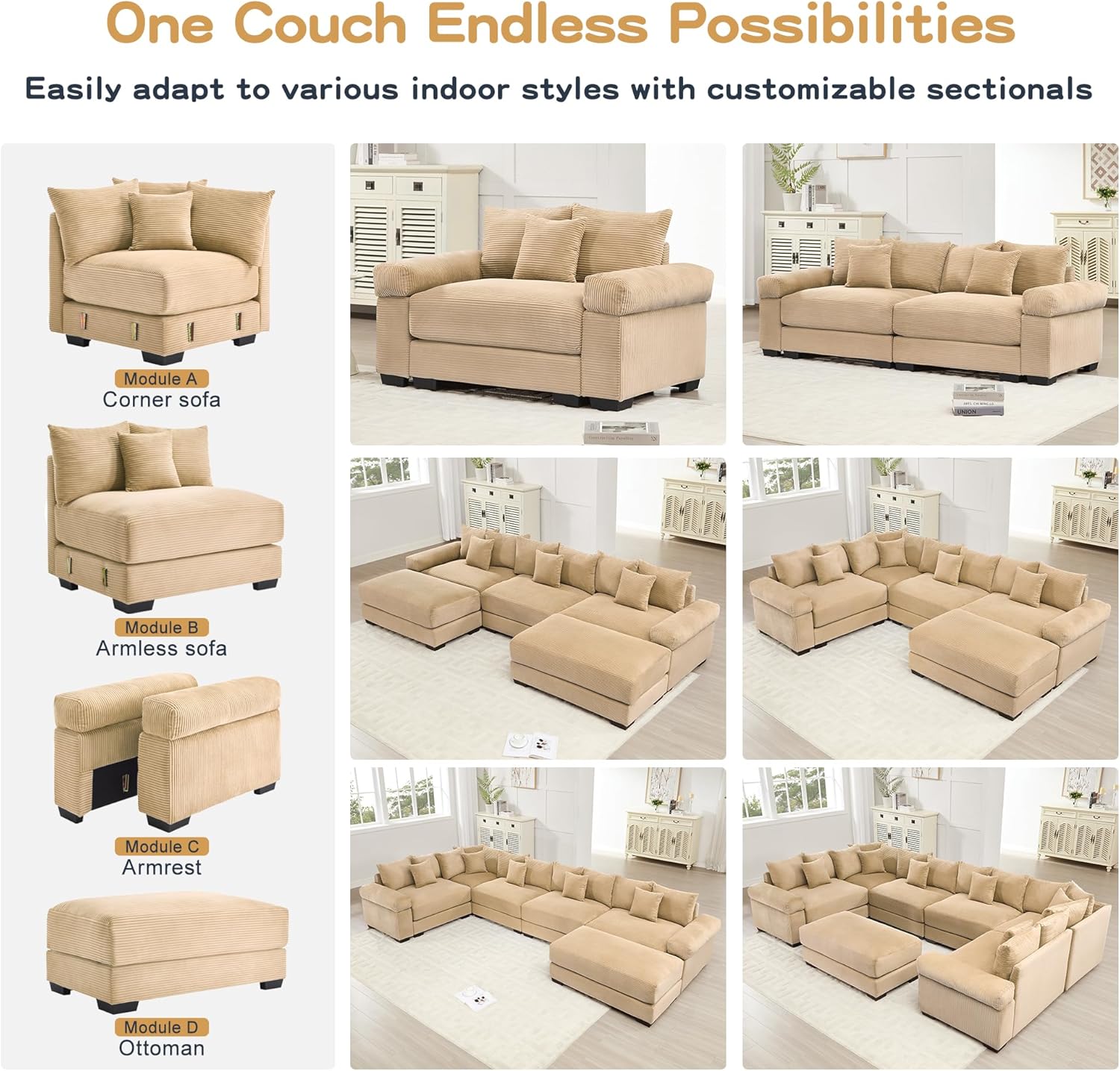 Oversized Cloud Modular Sectional Sofa, 92" Plush Corduroy Boneless Couch, 2 Seater Deep Seat Wide Armrests for Apartment,Camel