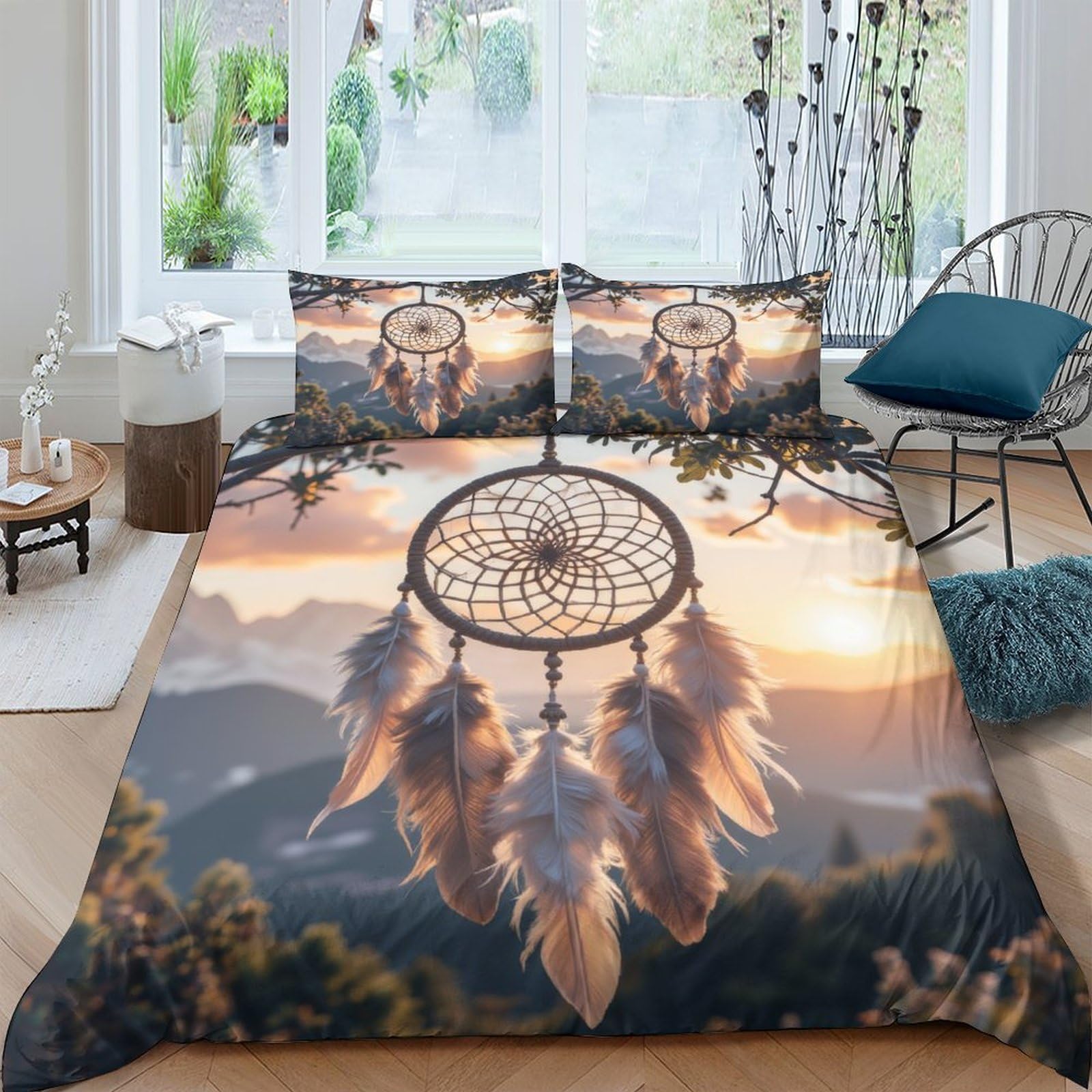 Ctjqhvkz Style-9 3D Printed Dreamcatcher Fitted Sheet Microfiber Soft Boho Feather Sunset Bed Cover For Bedroom Guestroom Decor Single（135X200cm）