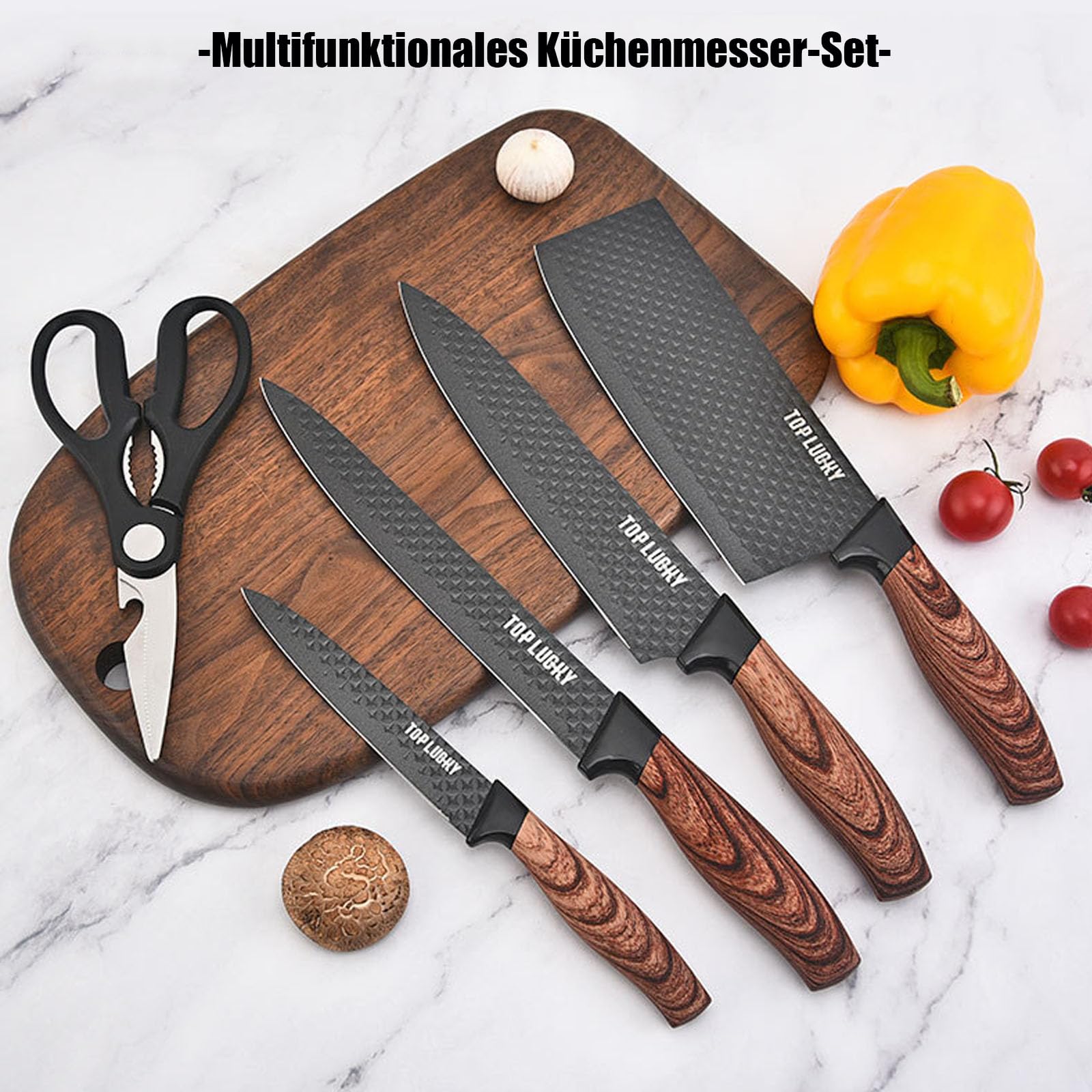Justup Juego de Cuchillos de 6 Piezas Para Cocina - Cuchillos de Chef Afilados de Acero Inoxidable Antiadherente y Antideslizante Con Asiento (Negro)