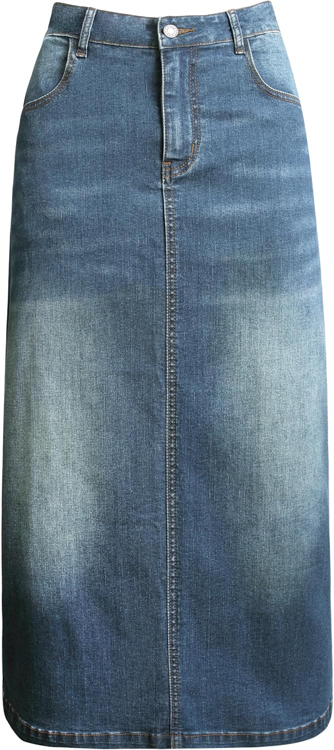 Long Denim Skirt for Women Casual A-Line Denim Maxi Skirt Stretch High Waisted Jean Skirt with Pocket Blue