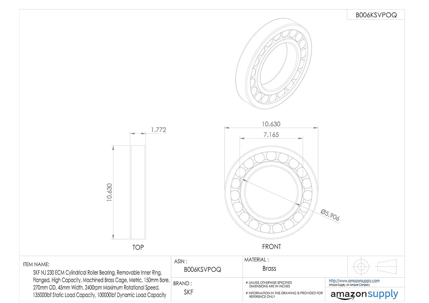 SKF NJ 320 ECM Cylindrical Roller Bearing, Removable Inner Ring, Flanged, High Capacity, Machined Brass Cage, Metric, 100mm Bore, 215mm OD, 47mm Width, 3000rpm Maximum Rotational Speed, 98900lbf Static Load Capacity, 87900lbf Dynamic Load Capacity
