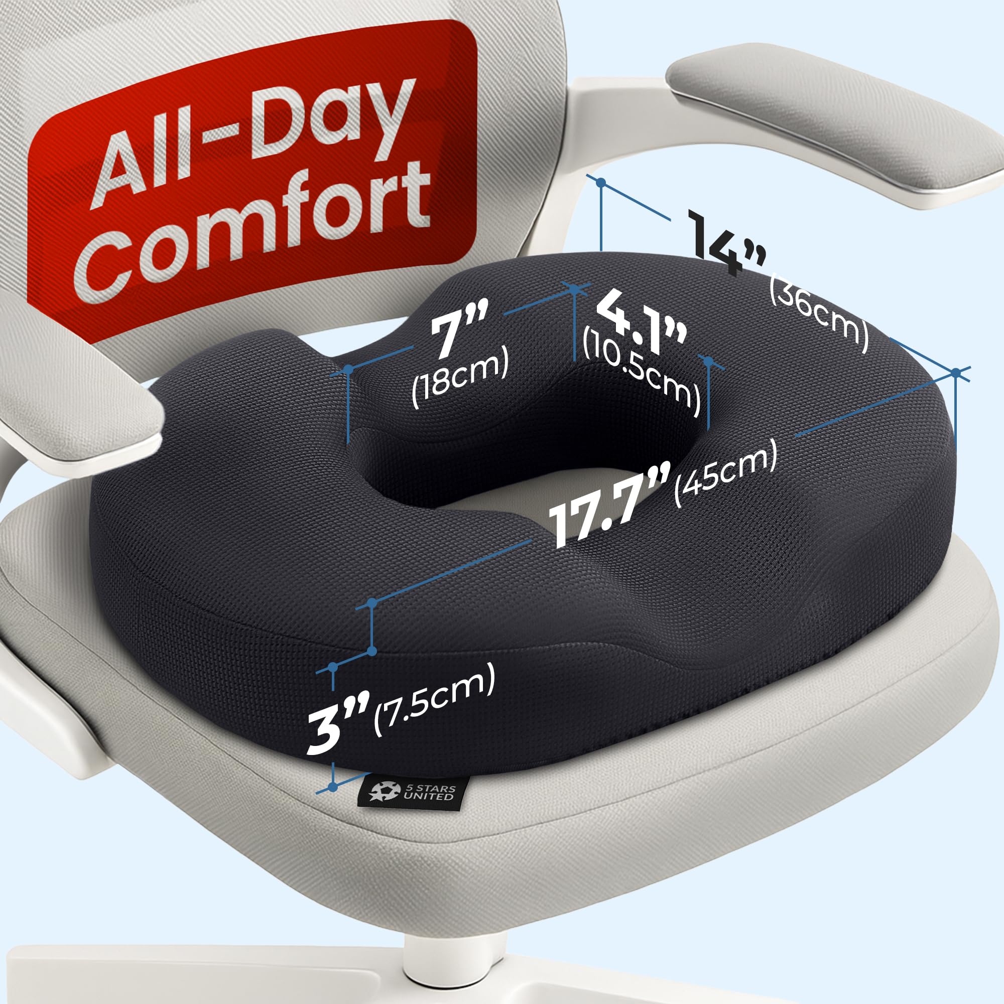 5 Star United Cojín Donut de Memory Foam, Alivio de Hemorroides y Dolor de Coxis, Forma Ergonómica en U, Antideslizante, Funda Lavable: Negro Grande