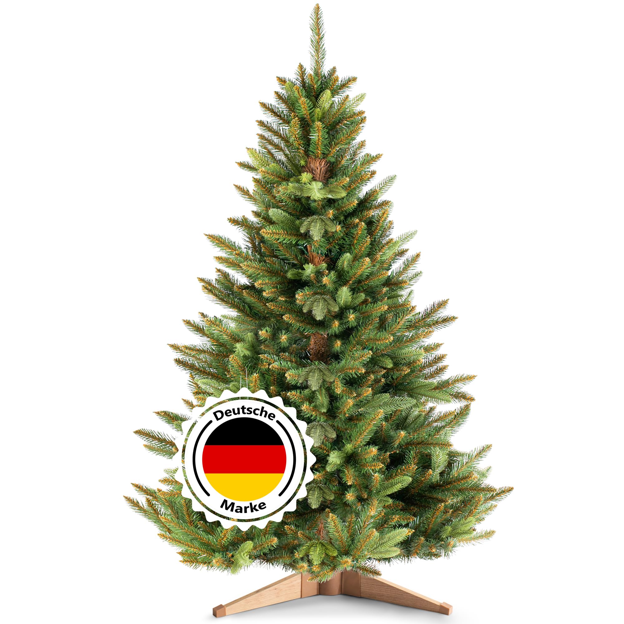 Premium Künstlicher Weihnachtsbaum 150 cm - 10 Jahre Garantie Maya | dichte Zweige Ø 95 cm | Nordmanntanne mit braunem Stamm & Holzständer | Tannenbaum künstlich I Made in EU