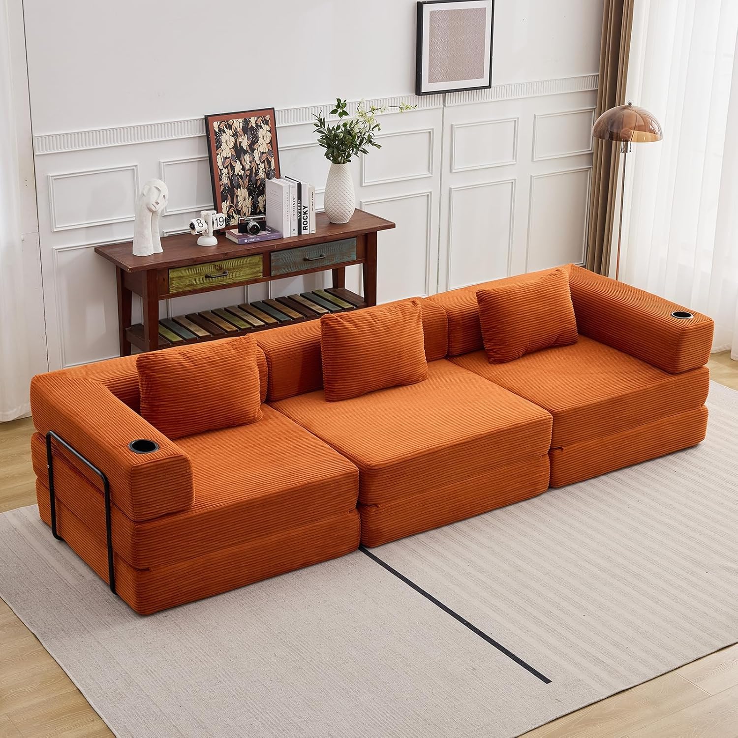 118" Oversized Sectional Couches, Convertible Floor Sofa Bed with Cup Holder, Boneless Foldable Mattress Cloud Couch with Pillow Back & Armrest for Living Room Bedroom Lounge(Corduroy, Orange)