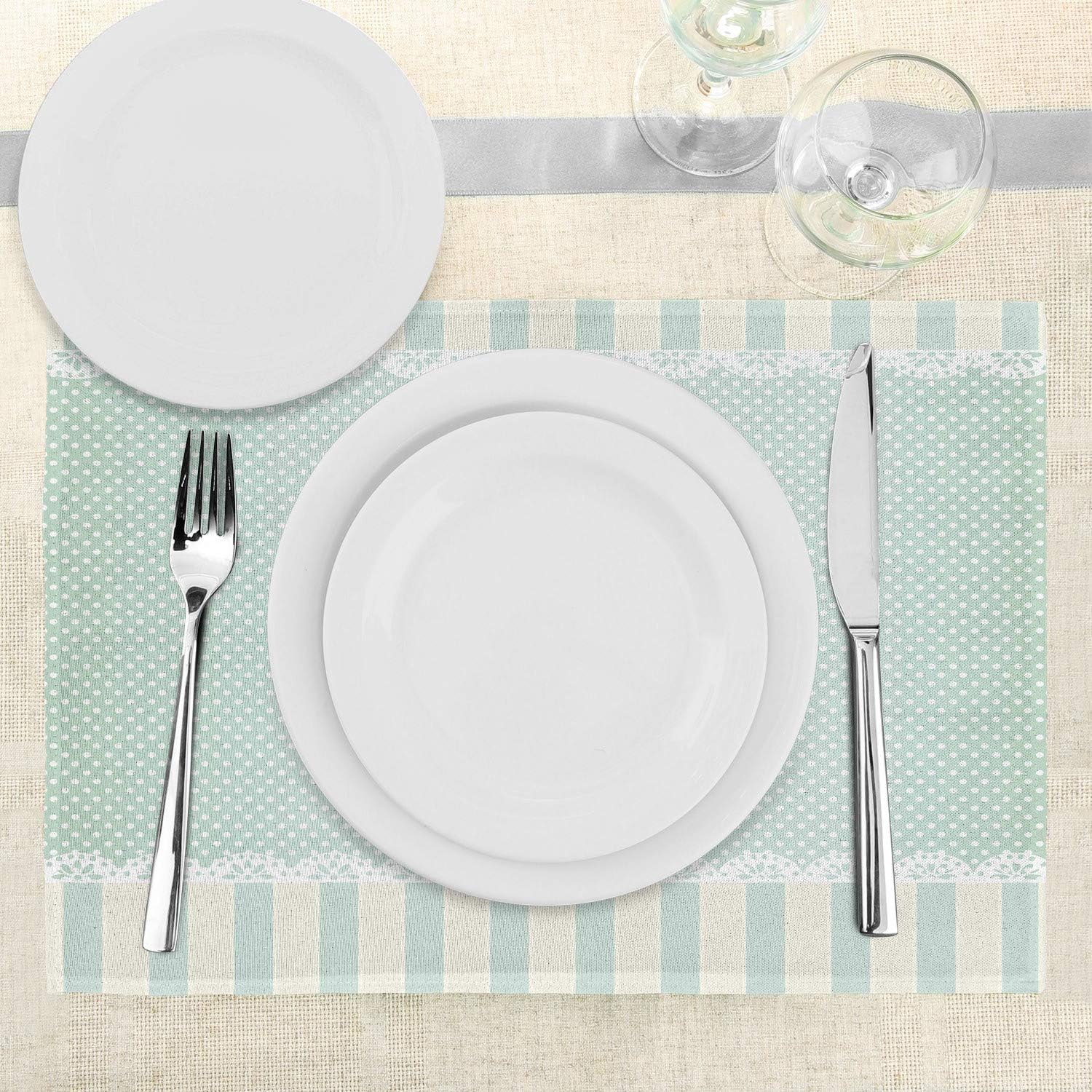 Ambesonne Shabby Flora Place Mats Set of 4, Traditional Old Fashioned Vertical Stripes Ornaments and Dots, Washable Fabric Placemats for Dining Room Kitchen Table Decor, Almond Green Cream White