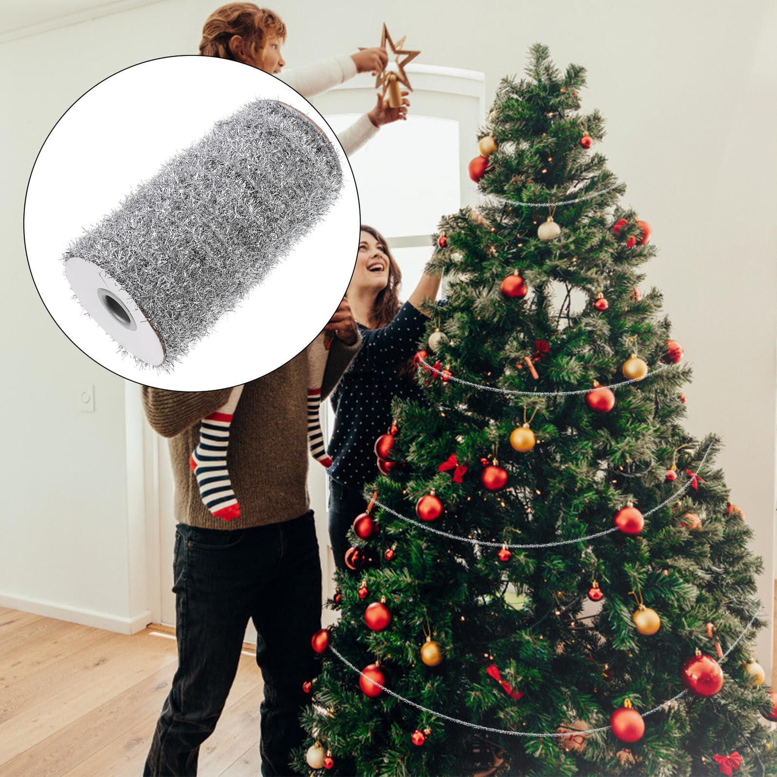 Gatuida Guirnalda de Oropel Navideño Plateado 1 Rollo de Espumillón Metálico Fino para Decoración de Árbol de Navidad Fiestas y Bodas Tira Ligera y Fácil de Colgar