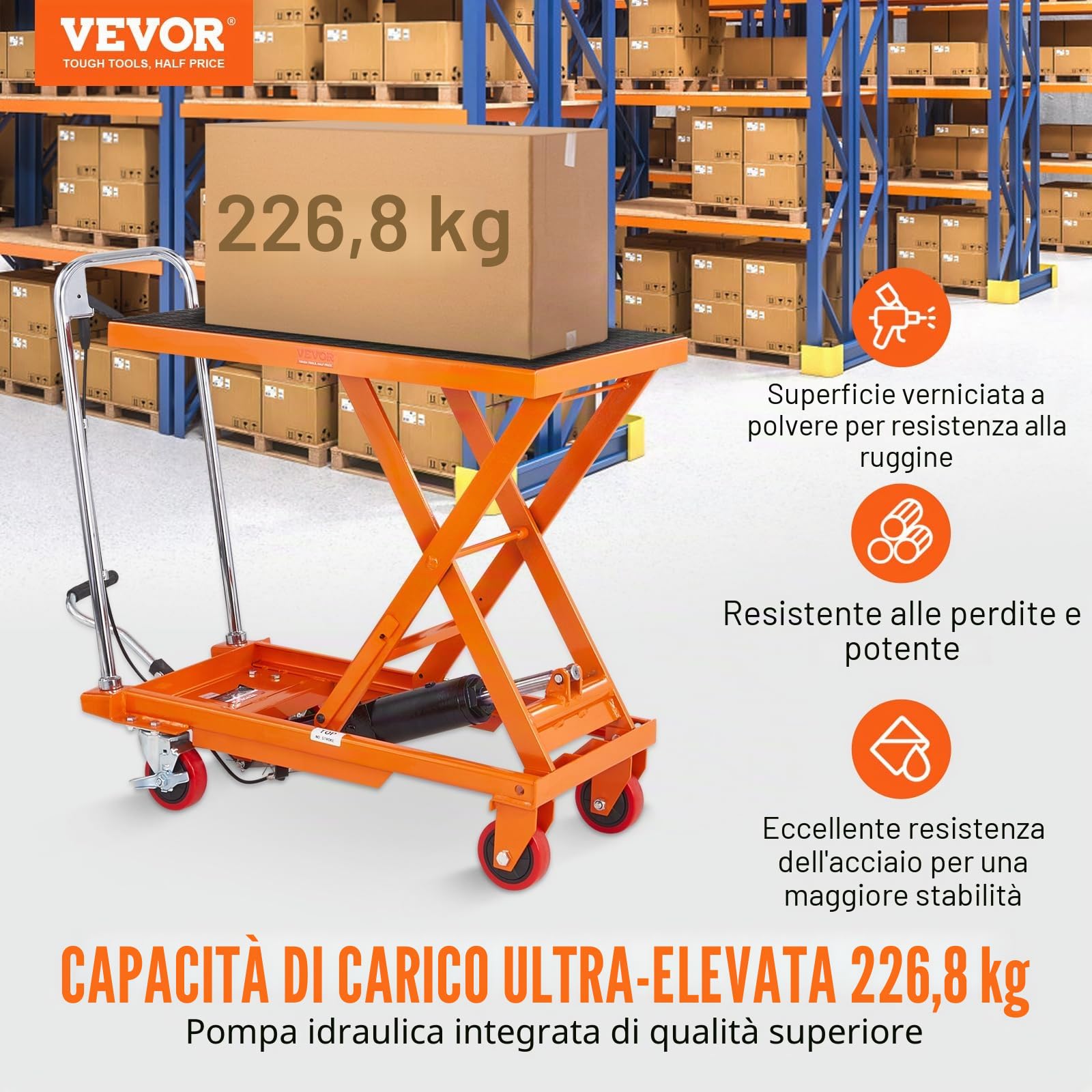 VEVOR Carrello Elevatore Idraulico, Capacità 230kg, Altezza di Sollevamento 220-720 mm, Piattaforma Elevatore Manuale a Forbice Singola con 4 Ruote Cuscinetto Antiscivolo, Carrello Idraulico a Forbice