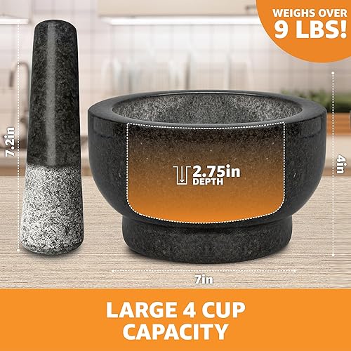 Miniatura 3 de Juego de mortero y mortero grande de alta resistencia, 4 tazas, cuenco de mortero de granito 100% natural y molinillo de piedra de mortero, cuenco