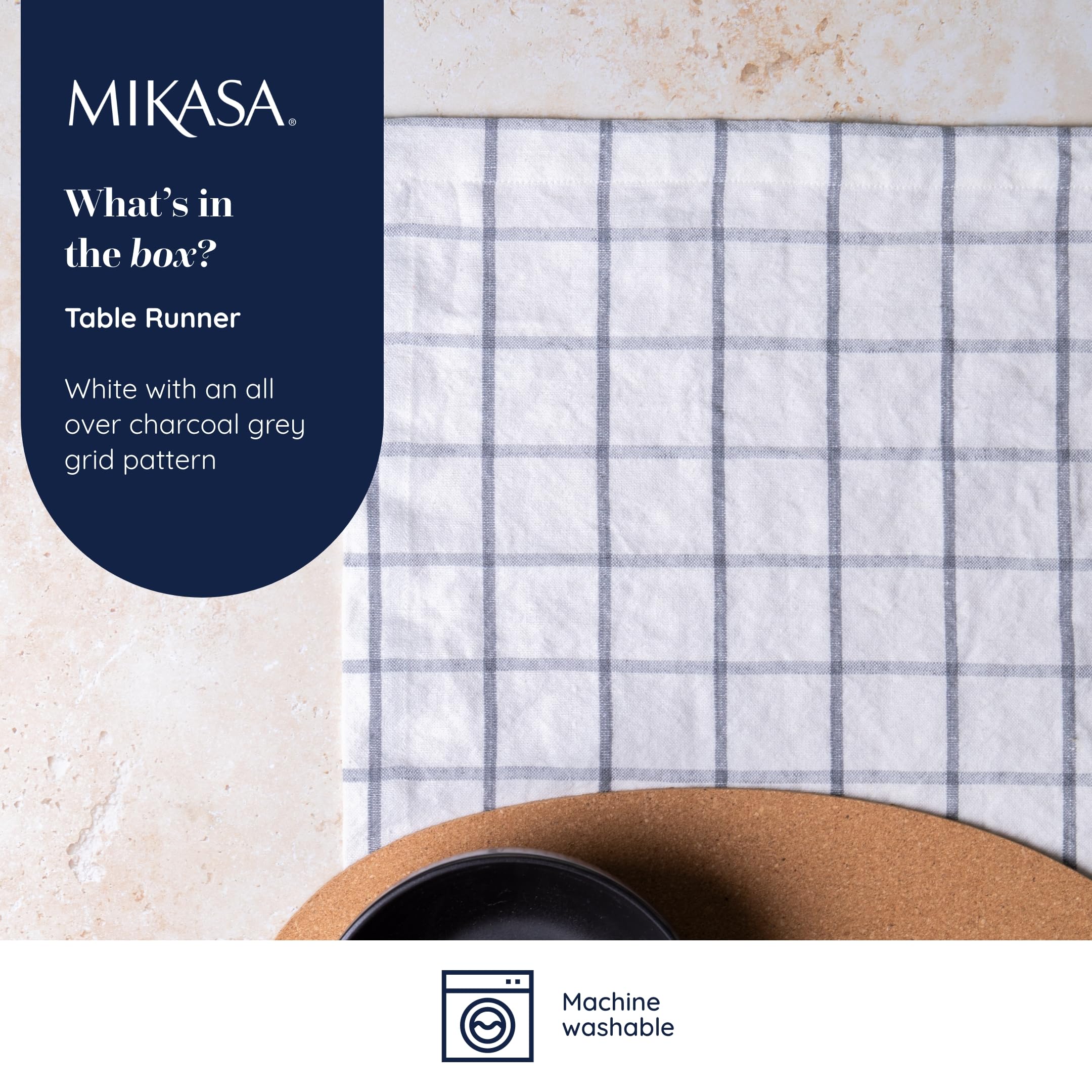 MIKASA Cotton and Linen Table Runner - White With Check Pattern, 230 x 33cm - Image 2