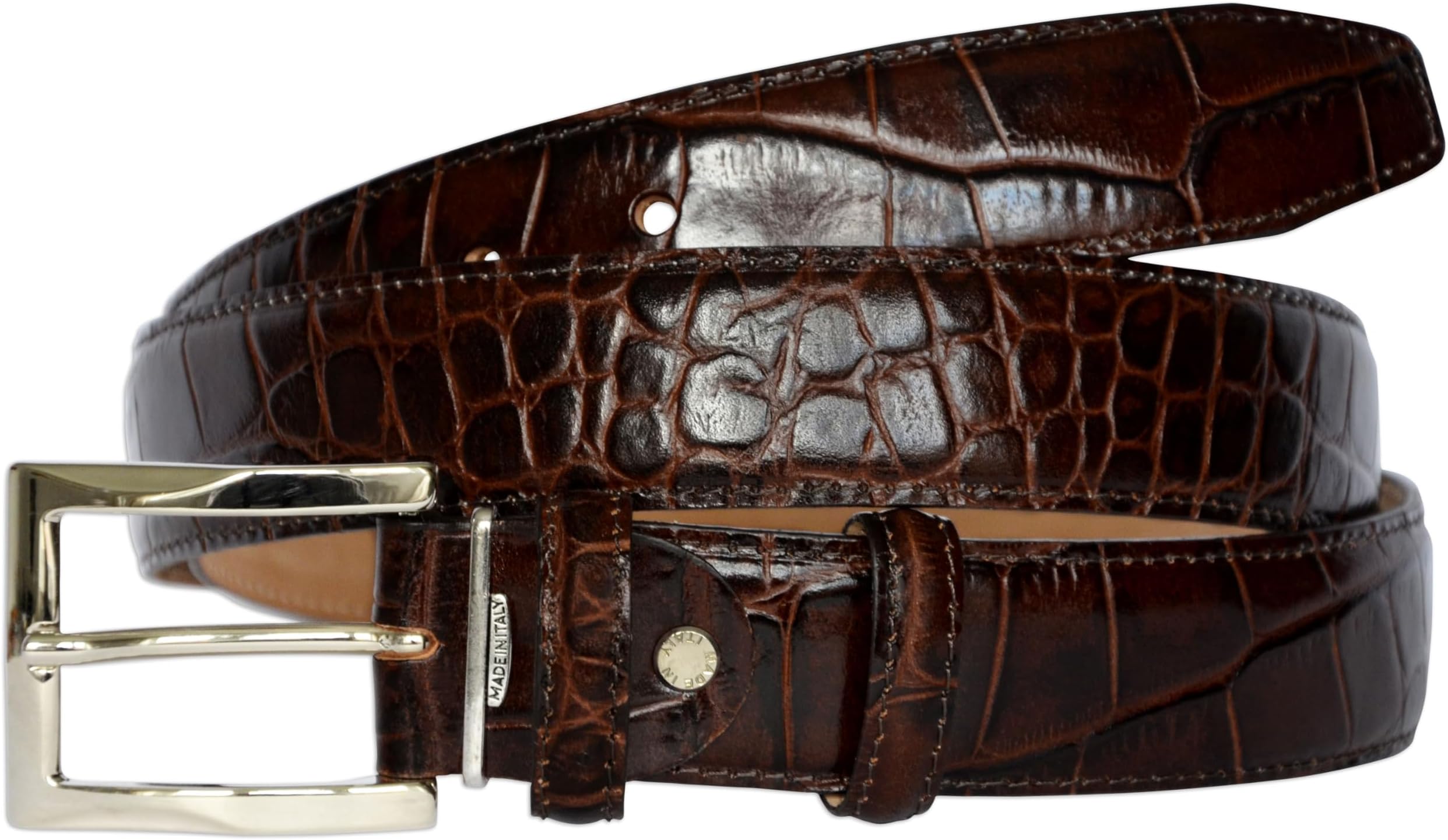 Men's Italian Leather Belt, Crocodile Pattern, 1.38" (3.5cm) Wide