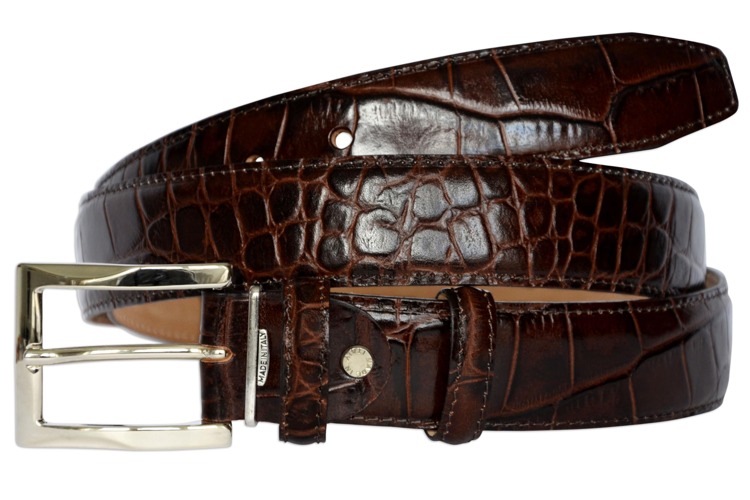 PASQUALE CUTARELLI Men's Crocodile Pattern Italian Leather Belt, 3.5cm Wide, Brown Medium, 36-Inch