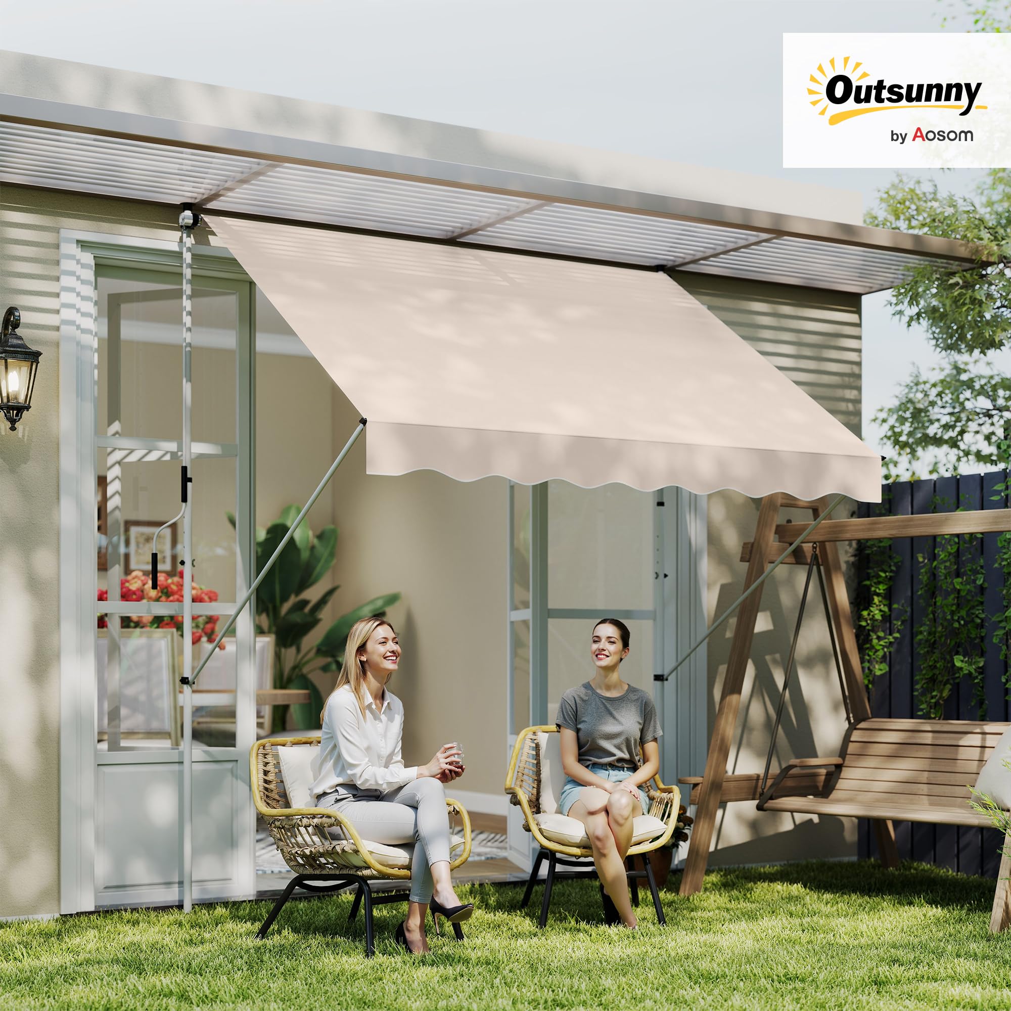 Outsunny Toldo Manual Retráctil 3x1,5 m, Toldo Exterior Terraza Enrollable, Altura Ajustable 170-280 cm, con Manivela, Anti-UV e Impermeable, Sin Taladro, para Balcón, Jardín, Beige