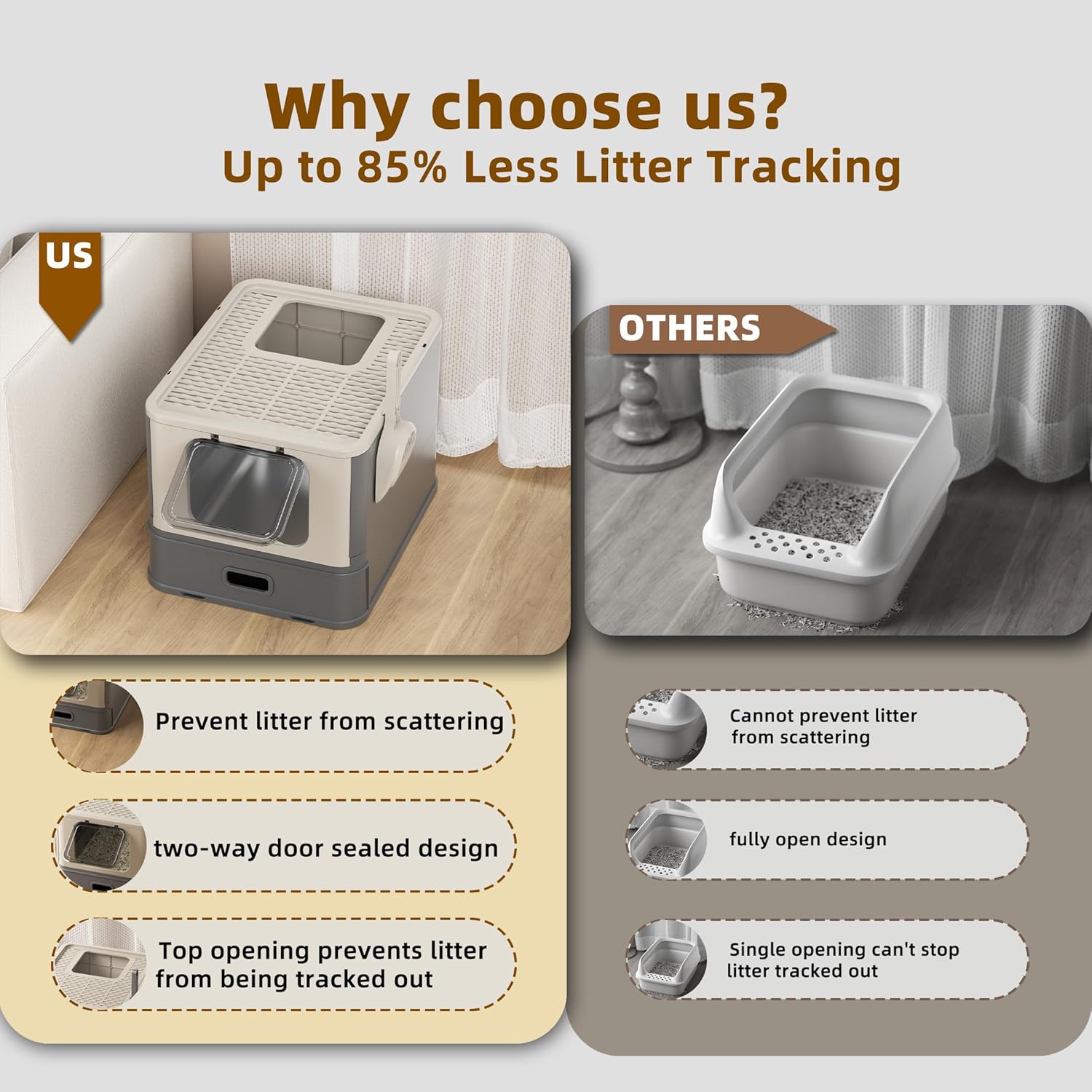 PAKEWAY Enclosed Stainless Steel Cat Litter Box with Pull-Out Drawer, Top Entry Leak-Proof Covered Design, Large Metal Litter Box with Scoop and Litter Mat for Indoor Cats