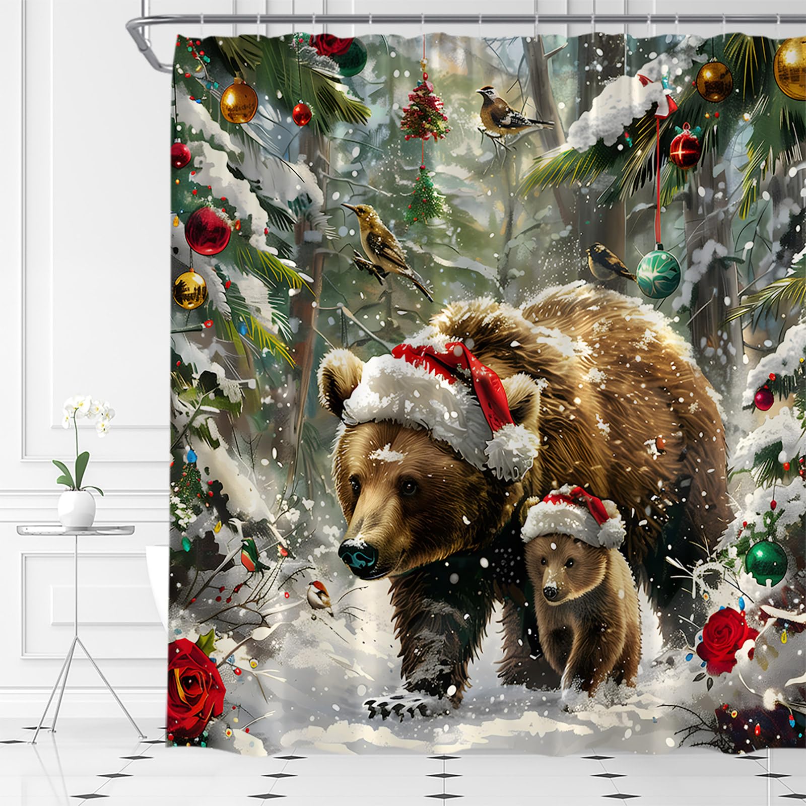 Merry Christmas Shower Curtain Funny Bear Christmas Farmhouse Winter Forest Rustic Christmas Ball Pine Tree Wild Animal Snowy Flower Fabric Bathroom