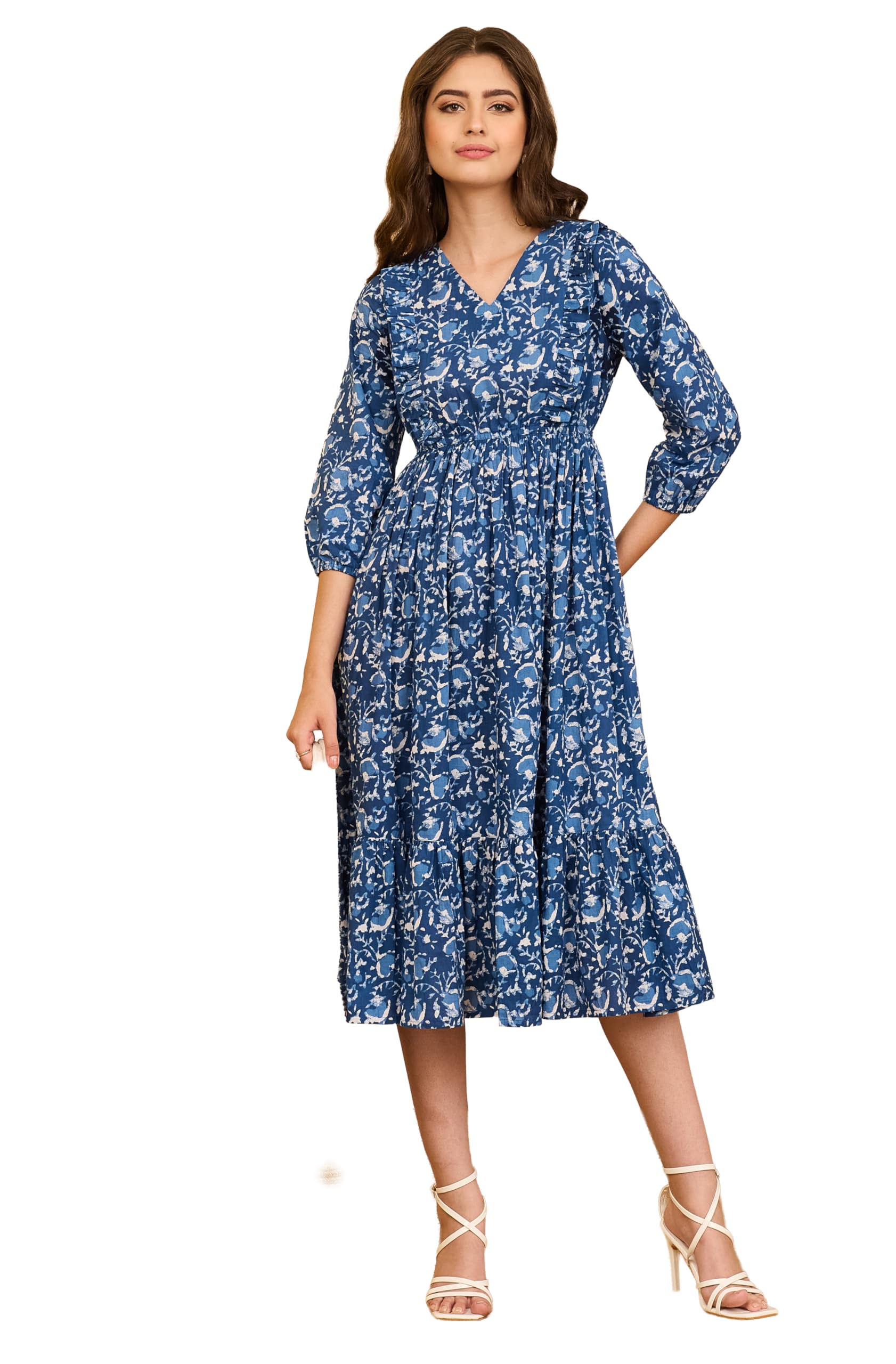 janasya Women's White & Blue Pure Cotton Floral Printed Fit & Flare Dress-picture-36