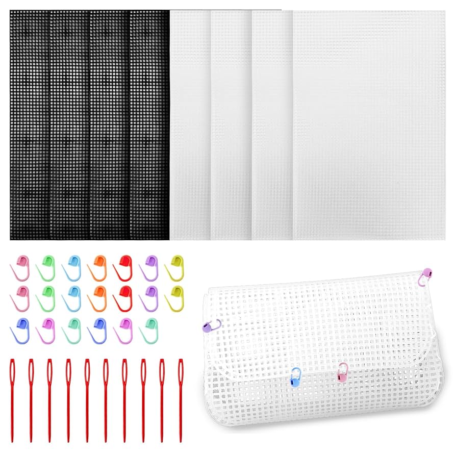 Socpuro 16 PCS Plastic Canvas Sheets, 4 Size Clear Plastic Mesh Canvas Sheets, Square/Round Holes Plastic Blank Canvas Sheets For Embroidery DIY Crafting, Knit Crochet Projects, Make Dividers