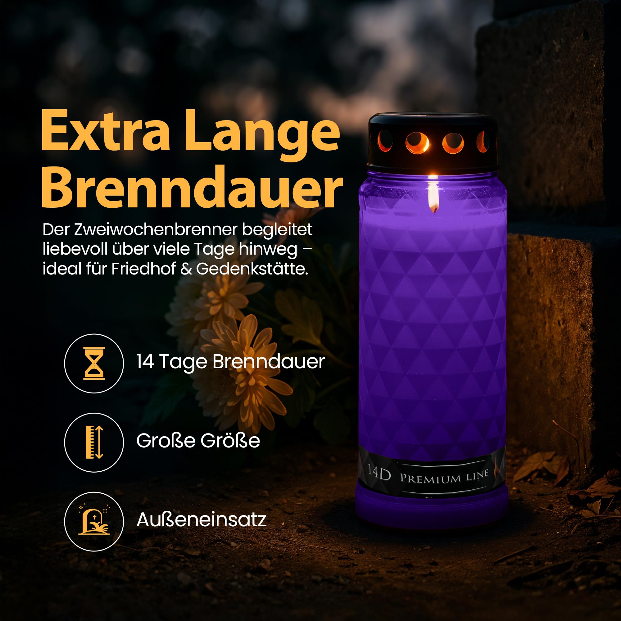 8x Grabkerzen mit 14 Tagen Brenndauer - windgeschützte Zweiwochenbrenner als Trauerkerze & Grablicht in Lila/Violett Gedenkkerzen mit Deckel & stabilem Stand für stilvolle Grabbeleuchtung