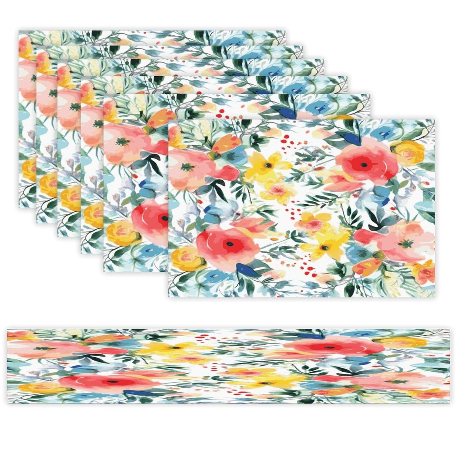 Bright Floral Watercolor Table Runner and Placemats Set of 6 for Kitchen Washable Table Mats Heat Resistant Place Mats Non-Slip Place Mat Wipeable Placemat(6 Placemats+1 Table Runner)
