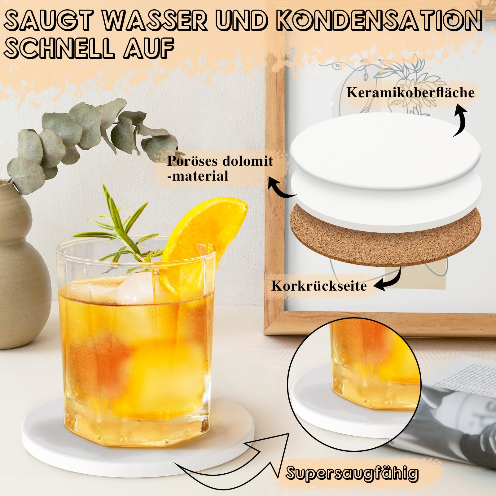 GOH DODD Keramikfliesen zum Basteln, 24 Stück 10,2 cm Leere Untersetzer, Unglasierte Keramik-weiße Fliesen mit 12 Stück Kork-Stützpads zum Malen, Alkoholtinte, Acrylgießen, DIY, Mosaik, Rund