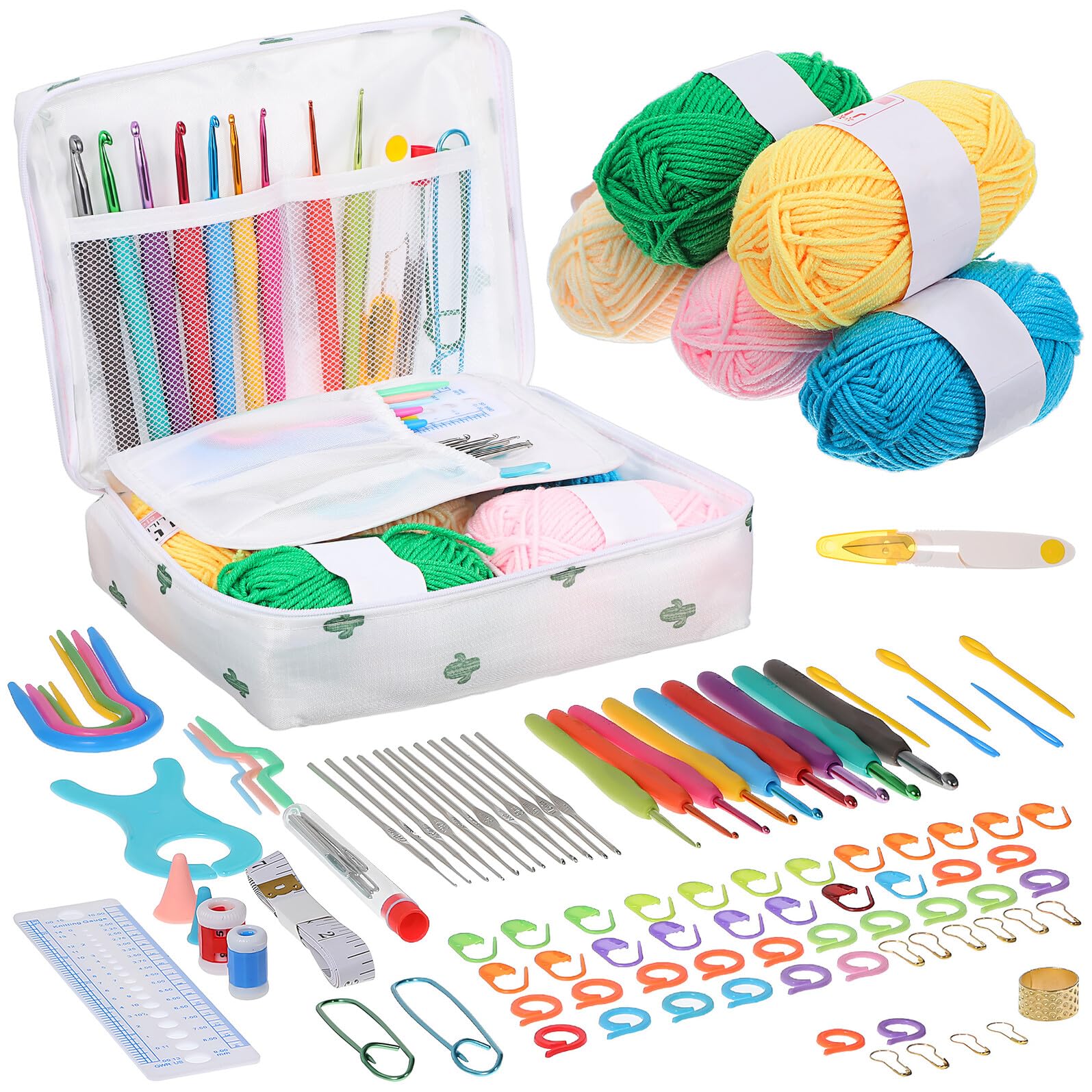 BELLIFFY Kit de Crochet para Principiantes con white de Plástico Hilo Ganchos Resistentes y Accesorios Completos con Bolsa Portátil para Manualidades