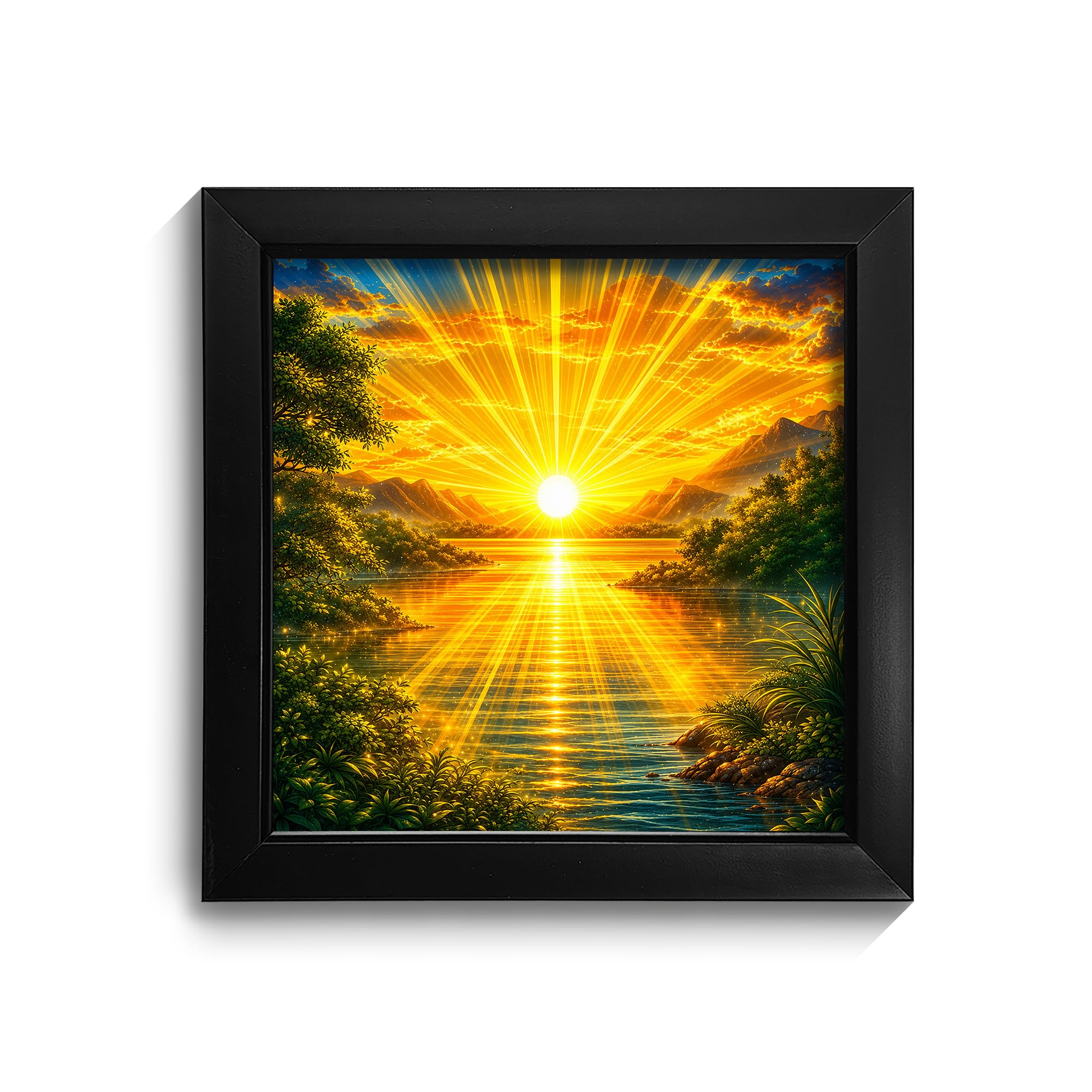 Rising Sun Vastu Wall Frame | Golden Sunrise Radiance Nature Harmony Spiritual Scenic Art | (23x23 cm) Black Frame | HD Printed Wall Decor for Home & Office-image-22