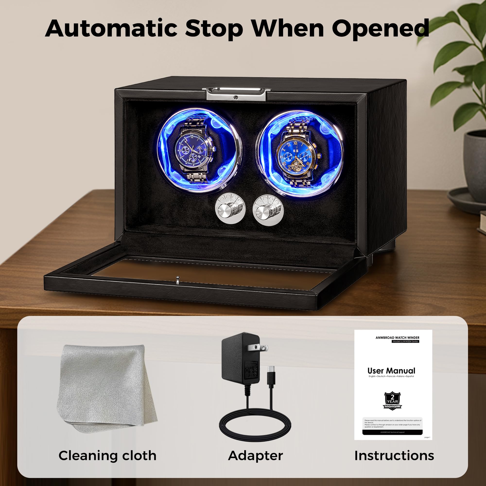 ANWBROAD Enrollador de relojes automáticos, rotador doble con LED y 4 modos, motor Mabuchi super silencioso, adaptador UJWW004B.