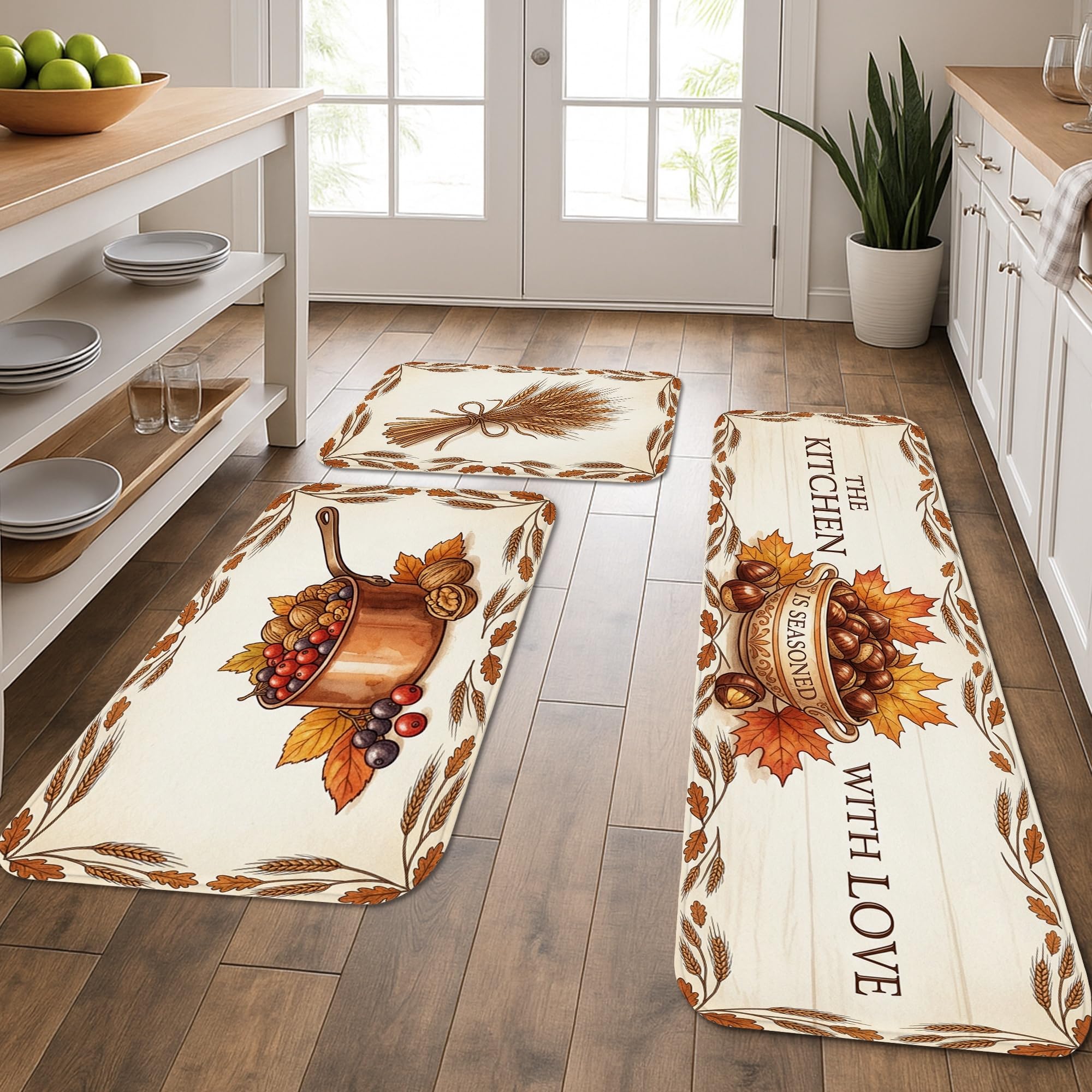 Tapis de cuisine vintage lot de 3 tapis de sol épais lavables motif cuivre et fruits d'automne