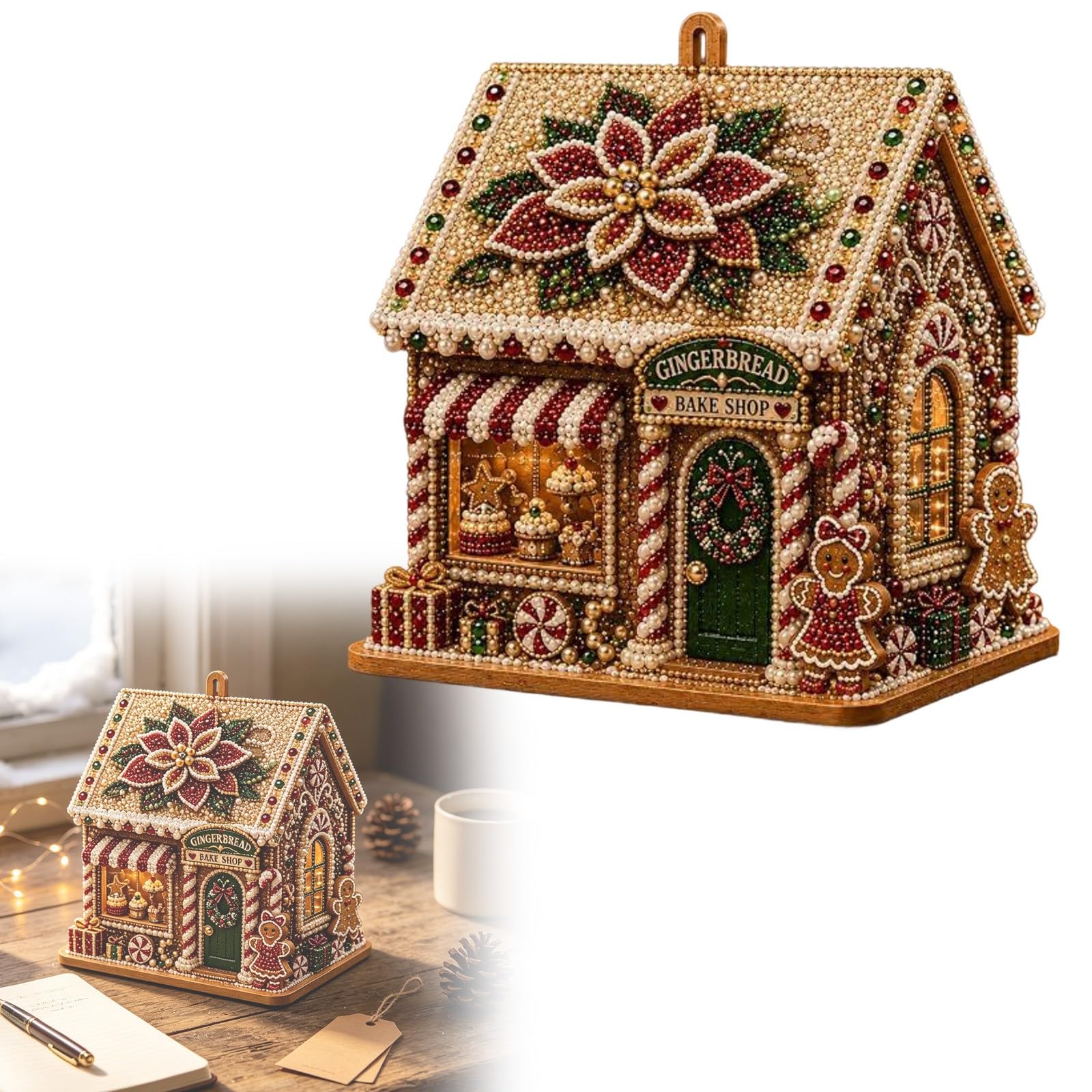 Christmas Wooden House Pearl Art, 3D Rhinestone Diamond Art DIY Kit
