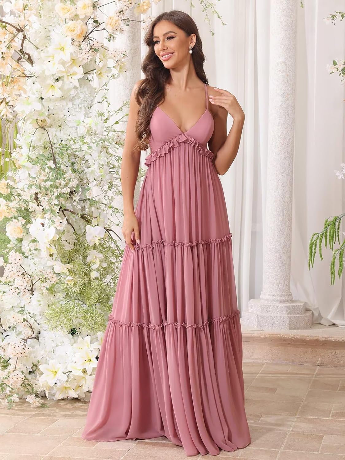 Xijun Tiered Chiffon Bridesmaid Dresses for Women Long V Neck Spaghetti Straps Formal Dress Evening Party Gown - Image 7