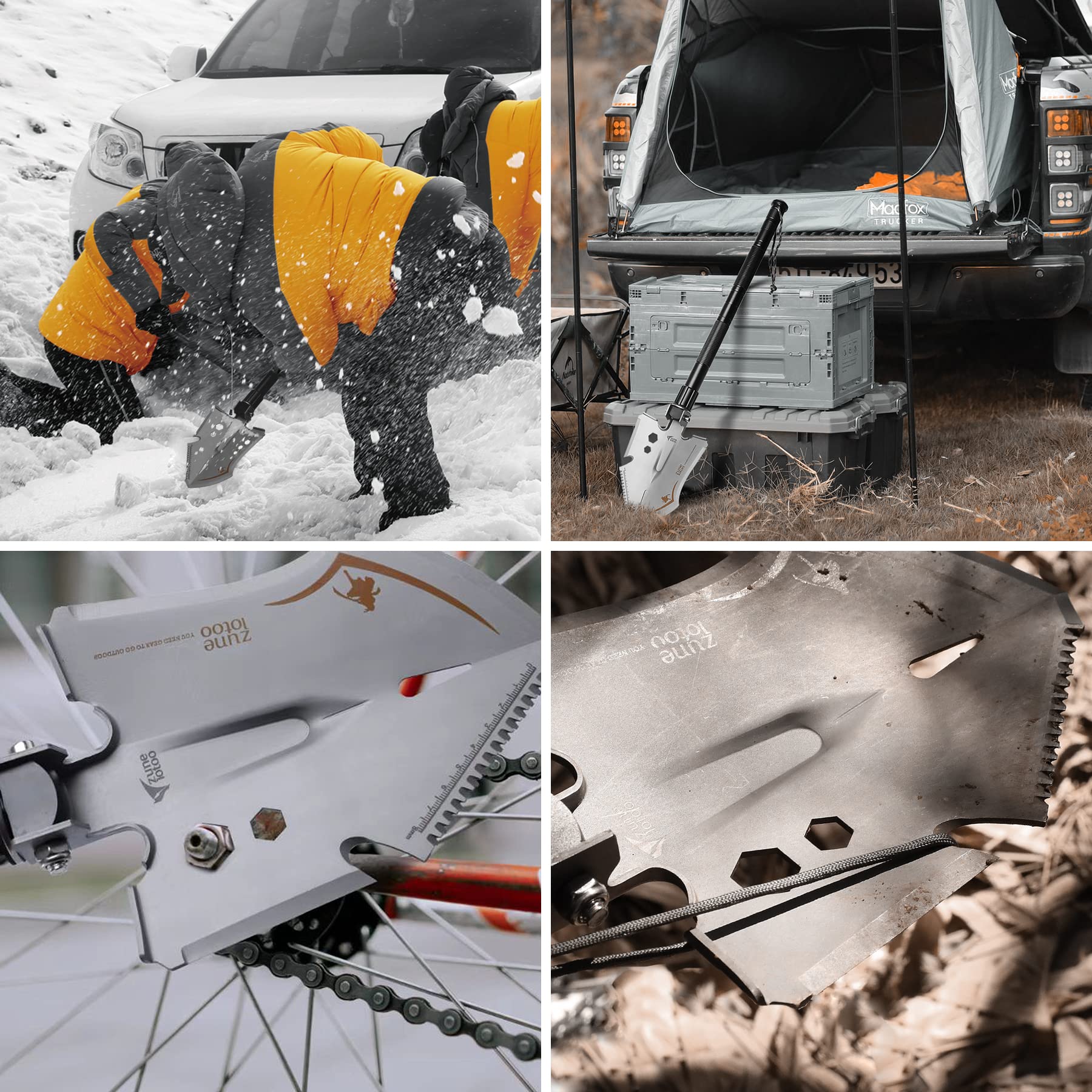 Zune Lotoo Pala Plegable de 100cm, 15 en 1 Pala Multiusos Portátil de Acero al Carbono con 3 Combinaciones de Longitudes, Pala Plegable Compacta para Camping, Senderismo, Jardín, Aventura