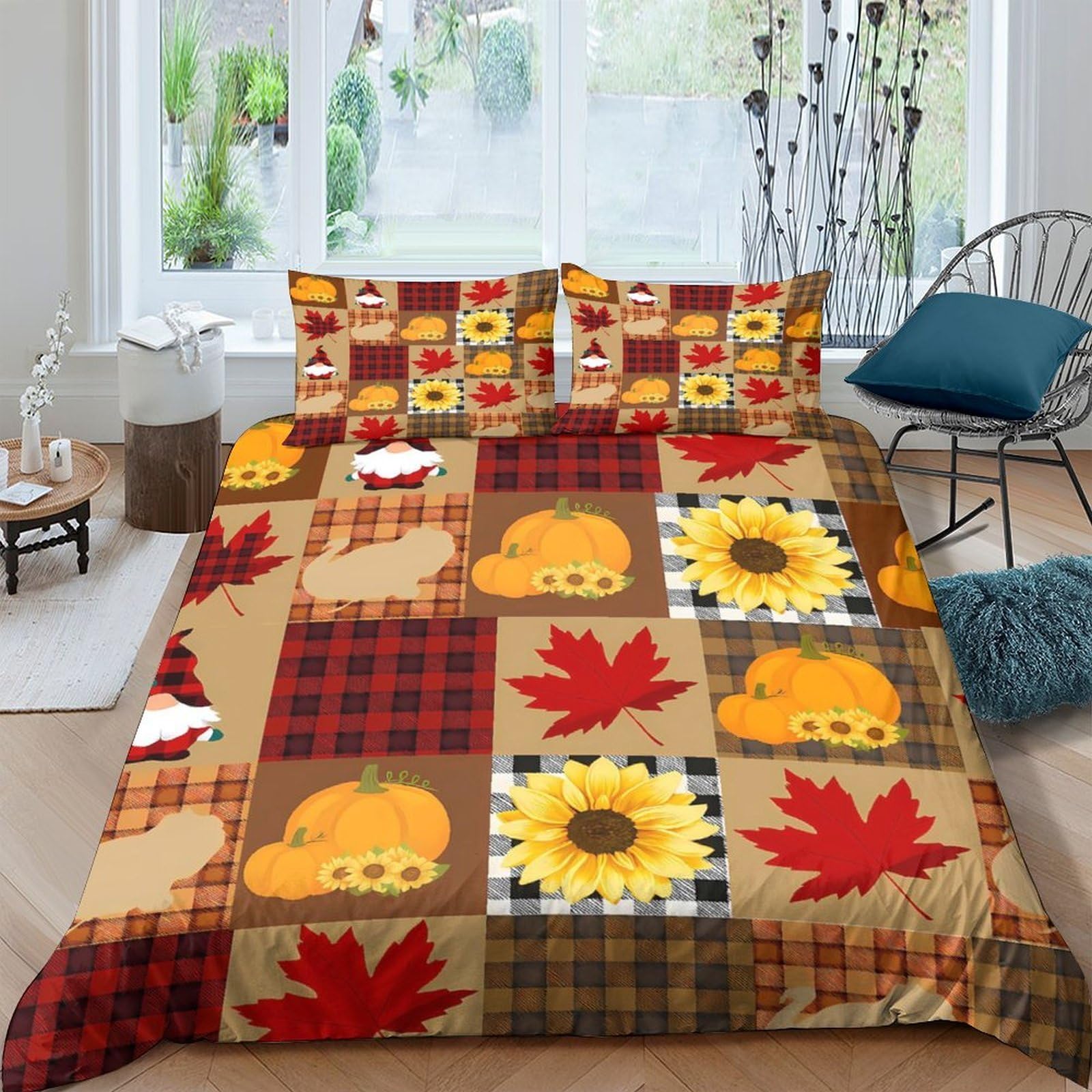 Ctjqhvkz Style-9 3D Printed Pumpkin Maple Leaf Fitted Sheet Microfiber Sunflower Bed Cover Autumn Plaid Design For Bedroom Dorm Mattress Protection Single（135X200cm）