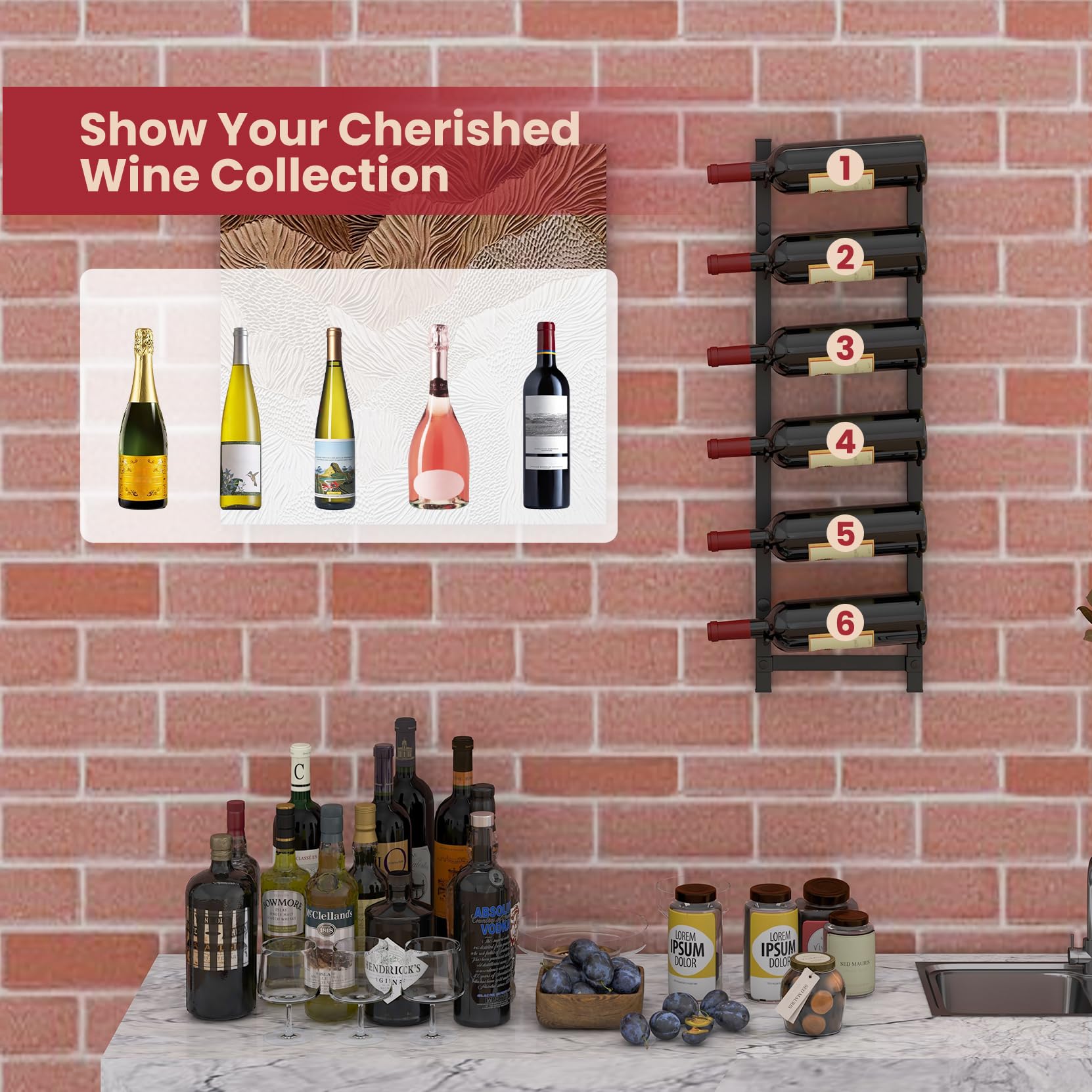 GOPLUS Botellero de Vino de Pared, Soporte de Metal para 6 Botellas, Estante Vertical Negro