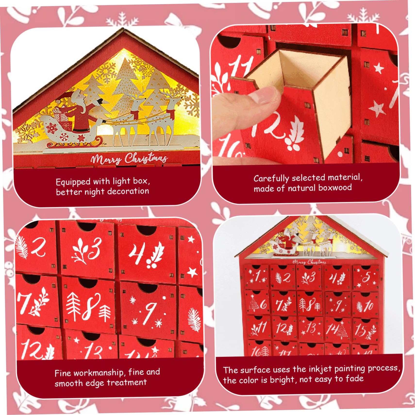 Calendario dell'Avvento di Natale con 24 cassetti portaoggetti LED in legno calendario dell'avvento con albero di Natale e case fai da te per adulti e bambini, decorazione per le vacanze.