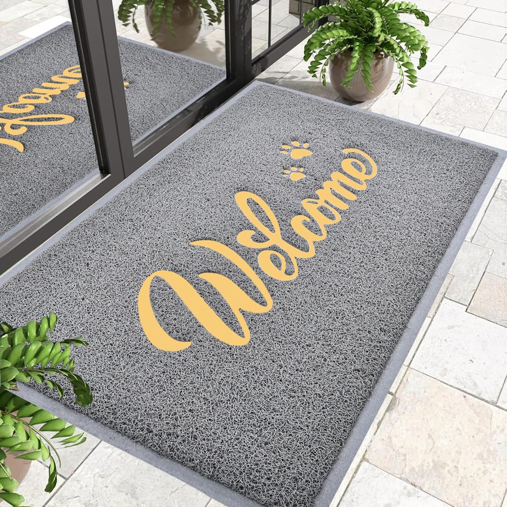 T.HENV Door Mat Welcome, Outdoor/Indoor Heavy Duty Non Slip Doormat for Front Door Entance, Outside Door Mats for Home Entry Floor, Easy to Clean, Waterpoof Doormats, 36"x24", Grey-Gold
