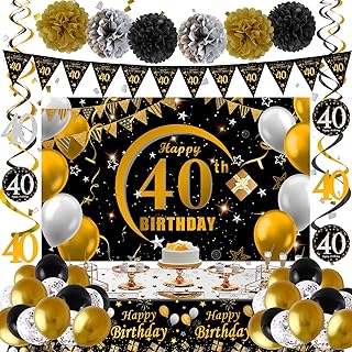 40th Birthday Decoration Men Women, 40th Birthday Decorations Banner Backdrop Balloons Black and Gold, Happy 40 Bday Decorations Banners Tablecover Triangle Flag, 40 Year Old Bday Gifts Party Supplies