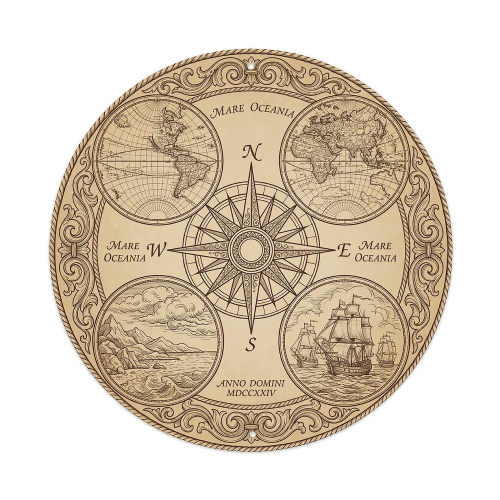 Vintage Nautical Compass World Map Plotting Legacy Metal Tin Sign
