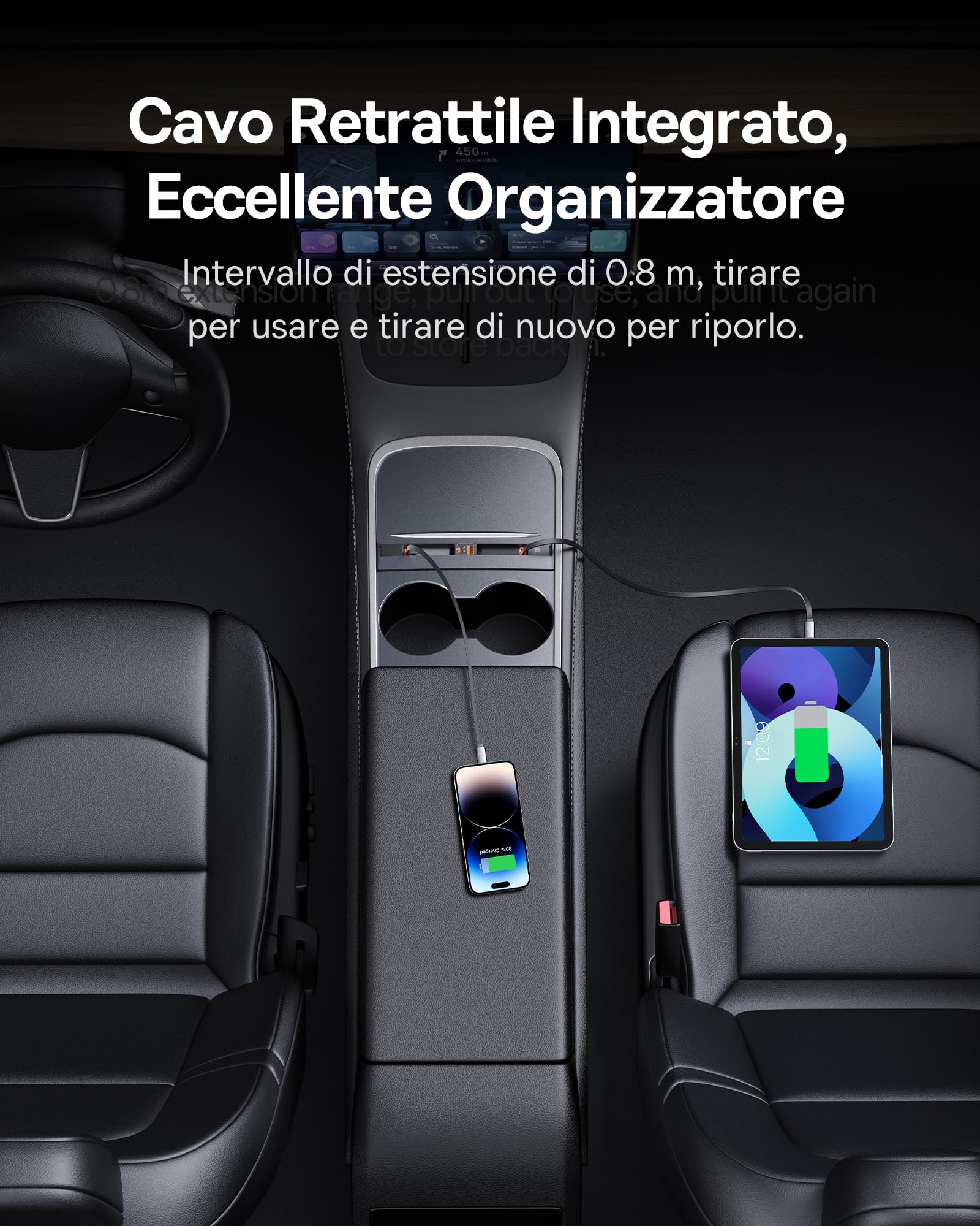 Baseus Hub USB 45W per Tesla Model Y e Model 3 2021 2022 2023, Caricabatteria Auto Multiporta 4 in 1, Docking Station con Hub Estraibile e Cavo di Ricarica Rapida, Accessori Model 3 e Model Y