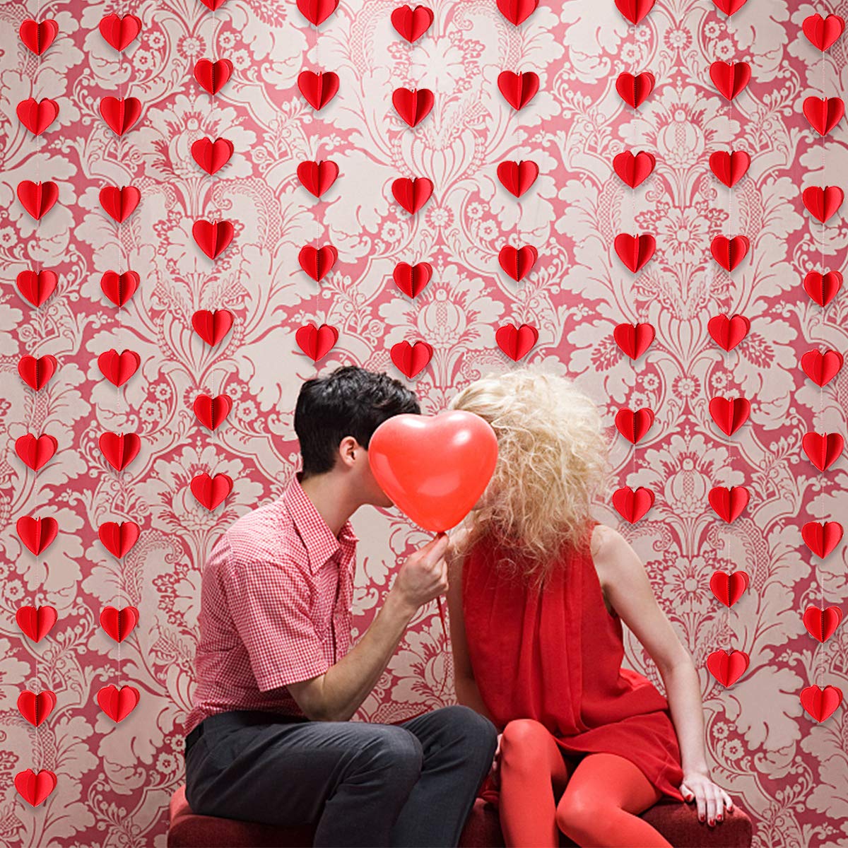 Red Valentines Day 3D Heart Garland Valentines Day Heart Hanging String Garland, 3D Heart Valentine's Day Hanging Garland Decorations for Happy Valentine's Day Party Decorations - 4 Pack