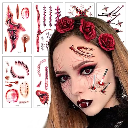 AUOCATTAIL Calcomanías de tatuaje de heridas de simulación de terror de Halloween, impermeables, para mujeres, niños, fiesta de disfraces, fiesta de