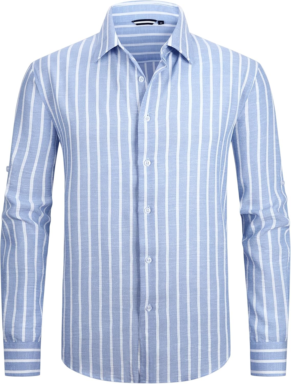 Damipow Mens Linen Cotton Striped Long Sleeve Dress Shirt Casual Button Down Shirt - Image 3