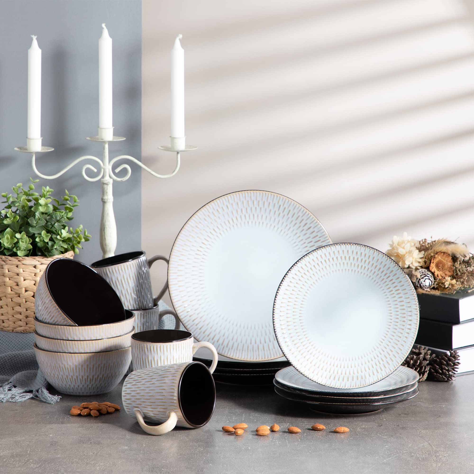 vancasso serie Pluvo Vajillas Completas de Cerámica 48 pcs con 12 Tazas/Tazones y Platos de Postre, Platos Llanos, para 12 Personas, Diseño de Línea de Lluvia en Relieve Vajilla Vintage- Gris