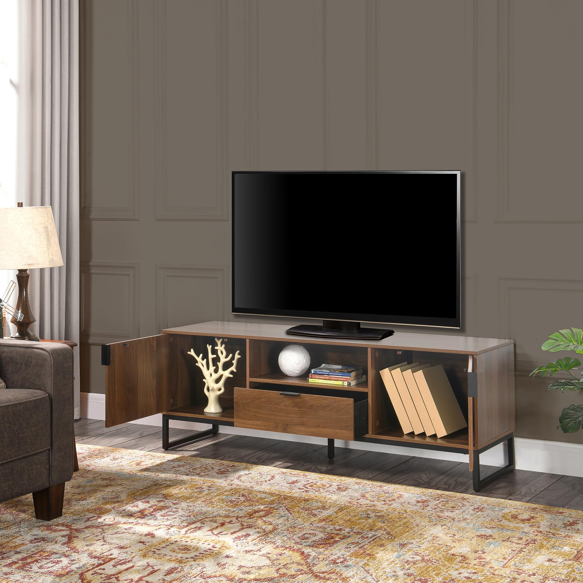 Schwebende TV-Konsole 140 Cm – Mit Tür Und Ablage, Dunkelbraun, Platzsparend