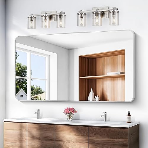 Miniatura 10 de Espejo de baño de 30 x 48 pulgadas, espejo rectangular negro, marco de baño montado en la pared, espejo de tocador con esquina redonda para