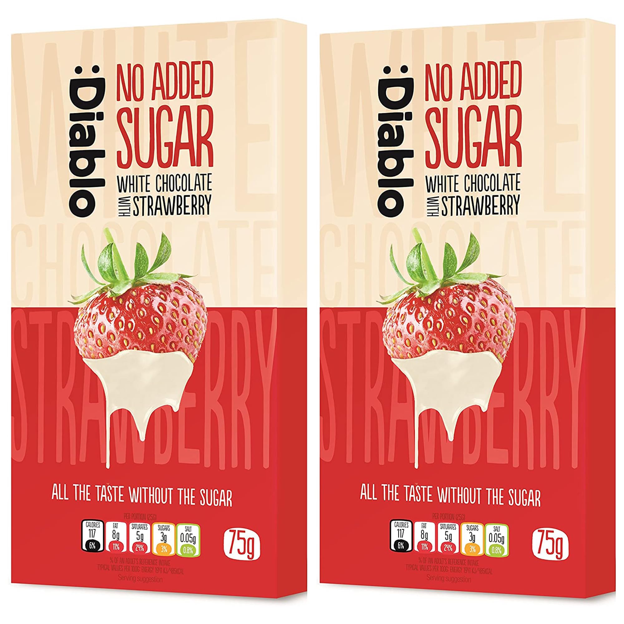 Diablo No Added Sugar White Chocolate with Strawberry – No Added Sugar Chocolate Bar Sweetened with Stevia, Gluten Free, Ideal for Any Occasion, Birthdays, Valentines, or Gift Hampers, 75g (Pack of 2)