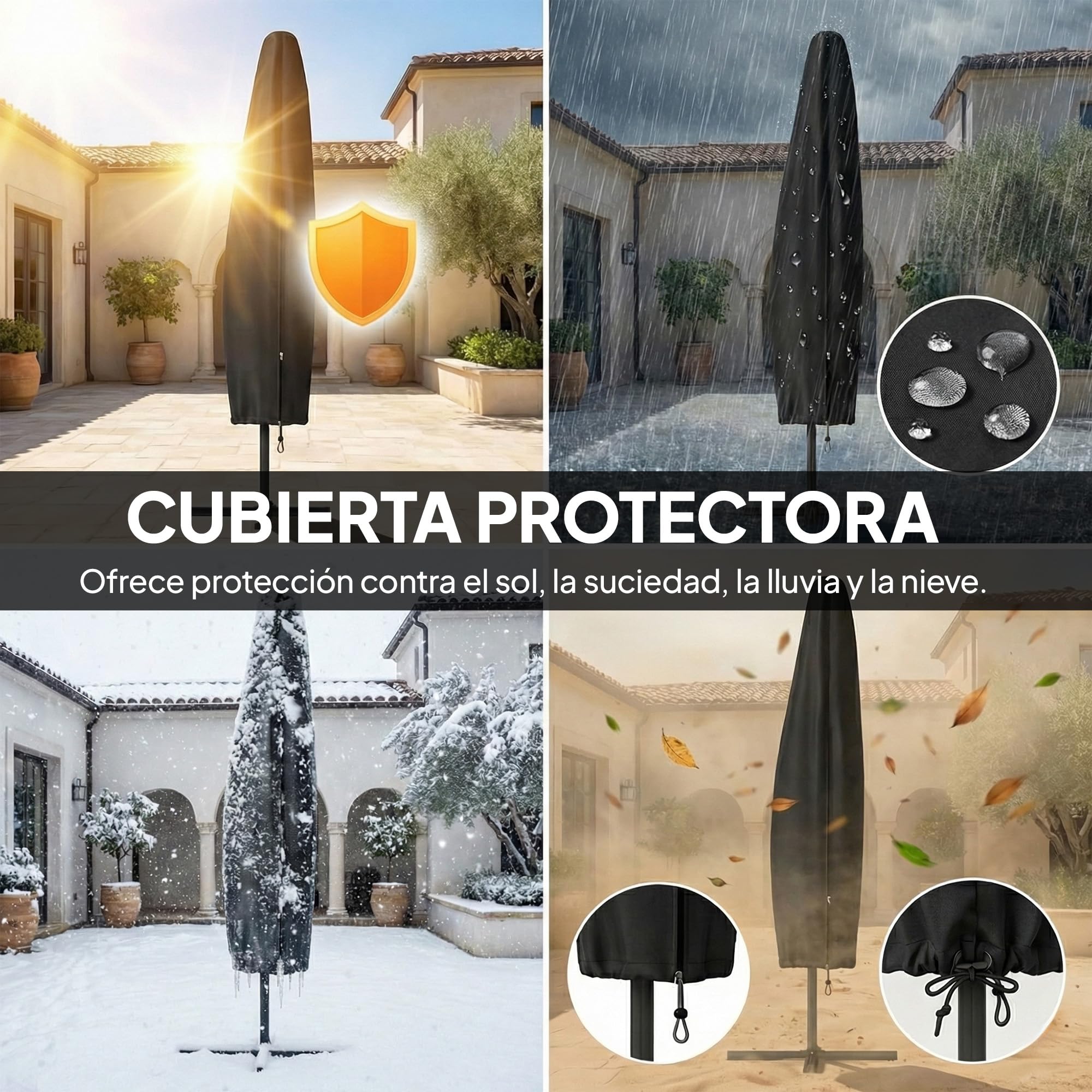 Outsunny Parasol Excéntrico con Luces LED Solares, Ø330 cm, Sombrilla de Jardín con Base Cruzada, Manivela, Funda Protectora y Cuerda de Viento, Anti-UV 50+, para Terraza, Patio - 4